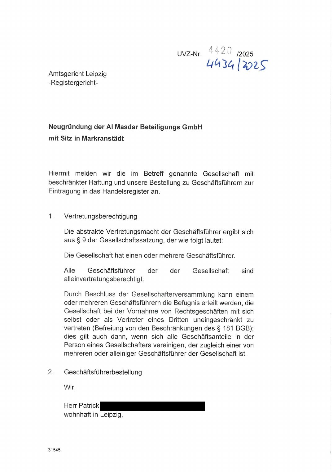 Al Masdar Beteiligungs GmbH registration document, page 17