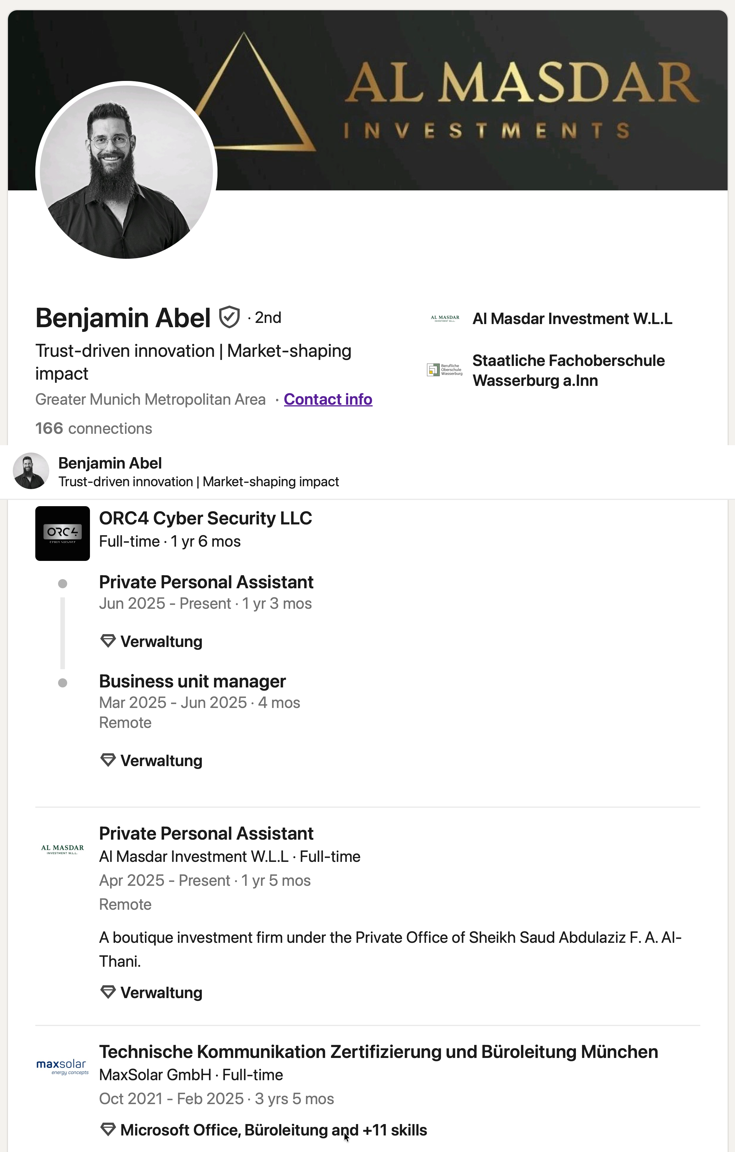 Saved LinkedIn experience record for Benjamin Abel showing MaxSolar, ORC4 and Al Masdar roles