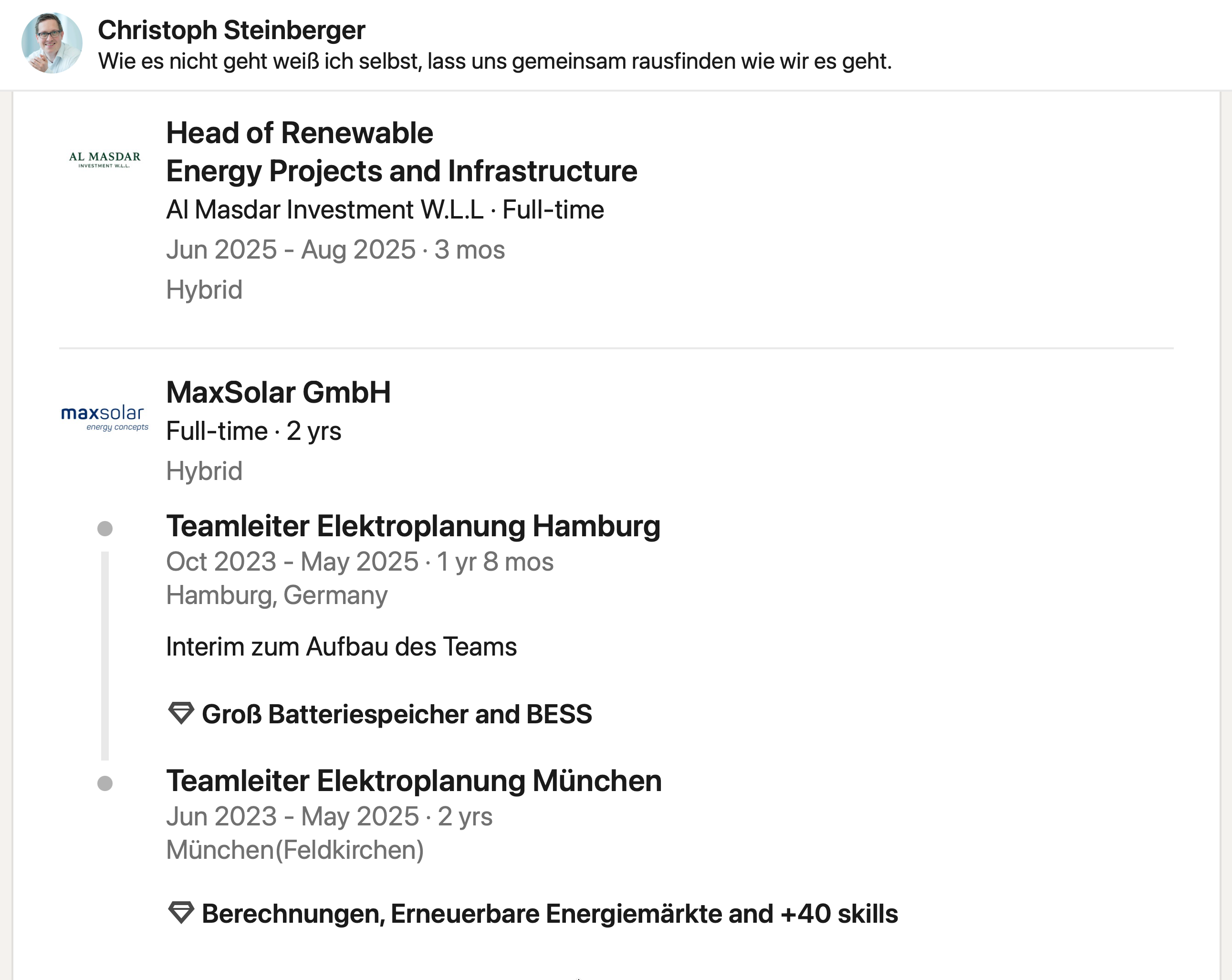 Saved LinkedIn experience record for Christoph Steinberger showing MaxSolar and Al Masdar roles