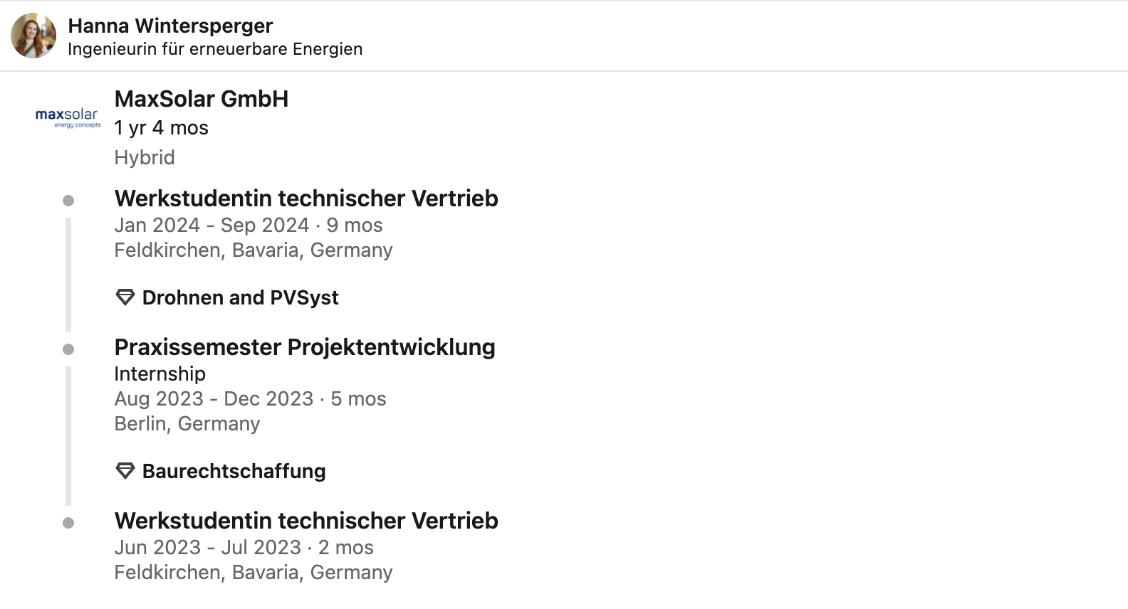 Saved LinkedIn experience record for Hanna Wintersperger showing her MaxSolar roles from June 2023 to September 2024