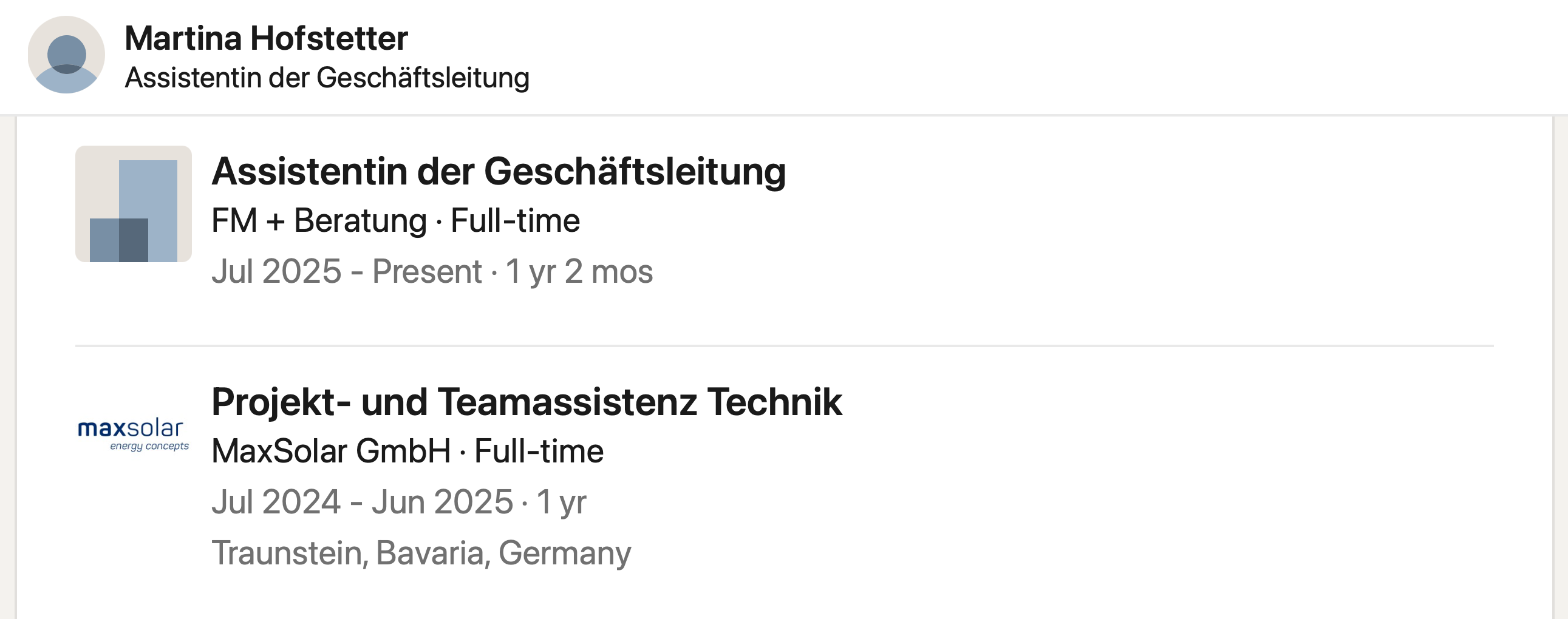 Saved LinkedIn experience record for Martina Hofstetter showing her MaxSolar role