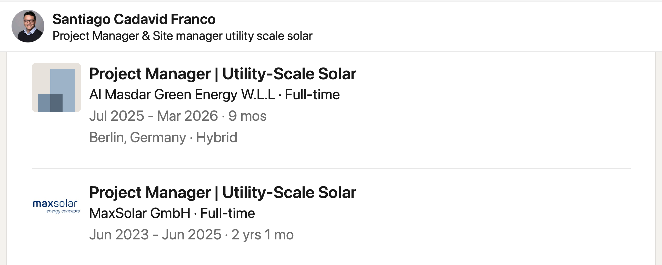 Saved LinkedIn Experience entries for Santiago Cadavid Franco
