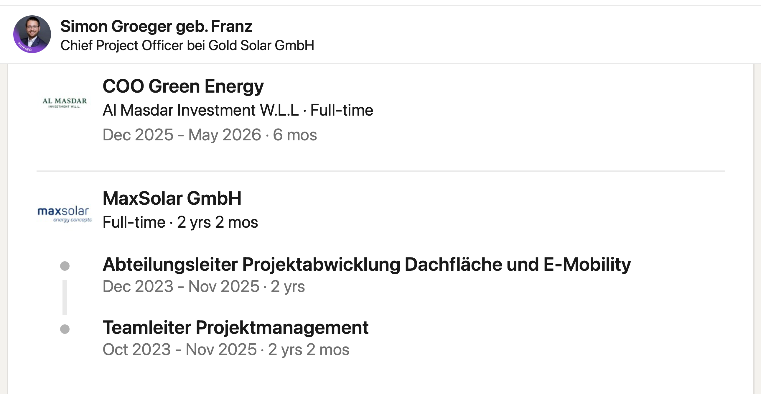 Saved LinkedIn experience record for Simon Groeger geb. Franz showing MaxSolar and Al Masdar roles