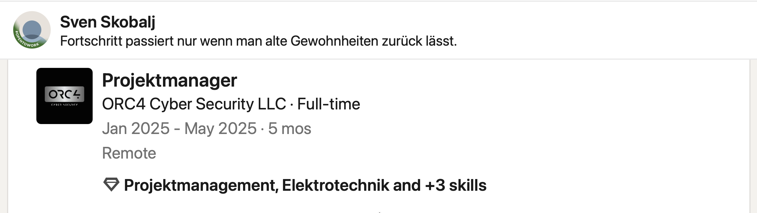 Saved LinkedIn experience record for Sven Skobalj showing his ORC4 Cyber Security LLC project-manager role