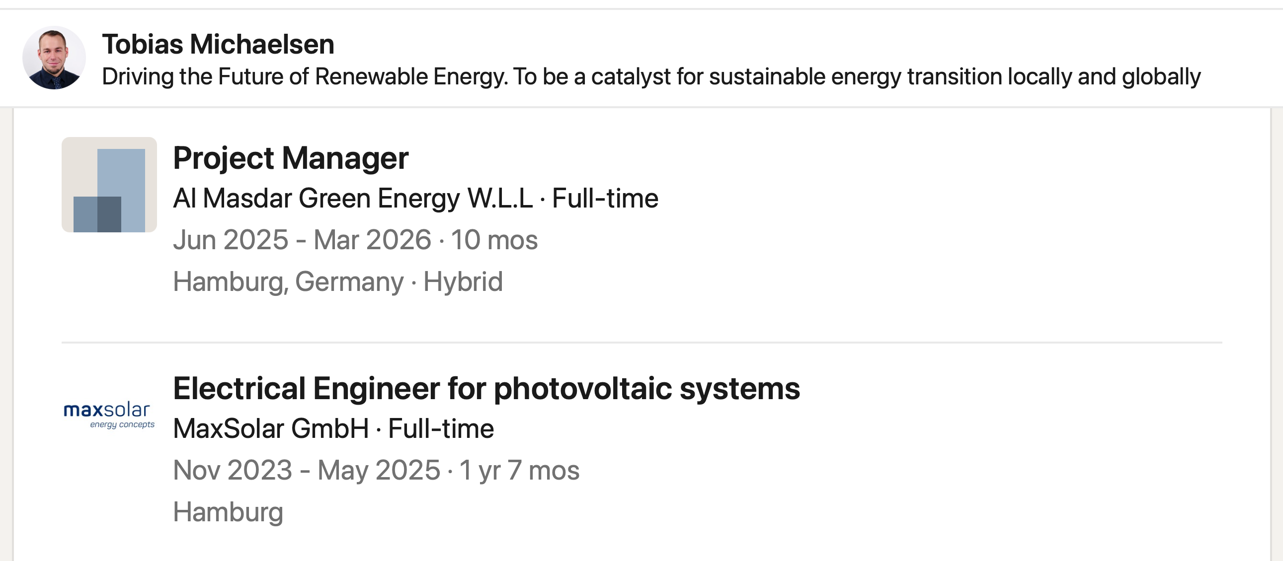 Saved LinkedIn Experience entries for Tobias Michaelsen