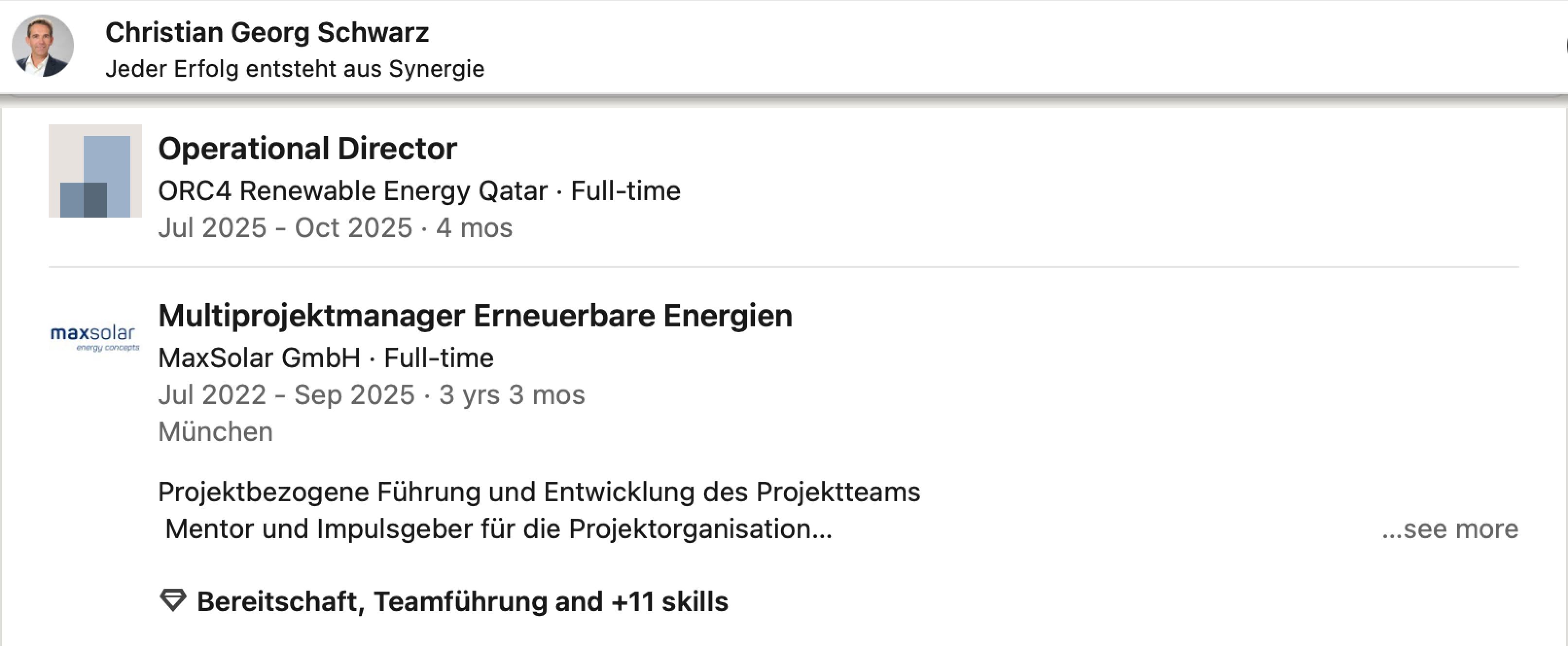 Saved LinkedIn experience record for Christian Georg Schwarz showing MaxSolar and ORC4 Renewable Energy Qatar roles
