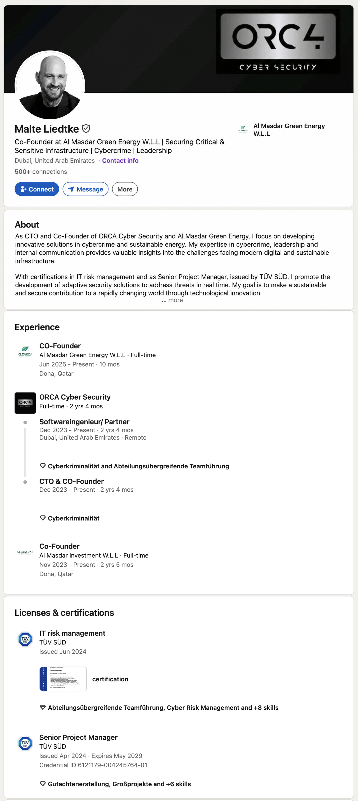 Saved LinkedIn profile, About, Experience and certifications for Malte Liedtke