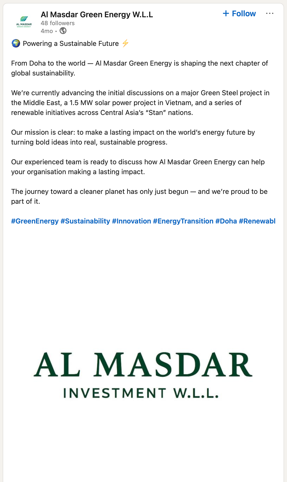 Saved Al Masdar Green Energy LinkedIn post titled Powering a Sustainable Future