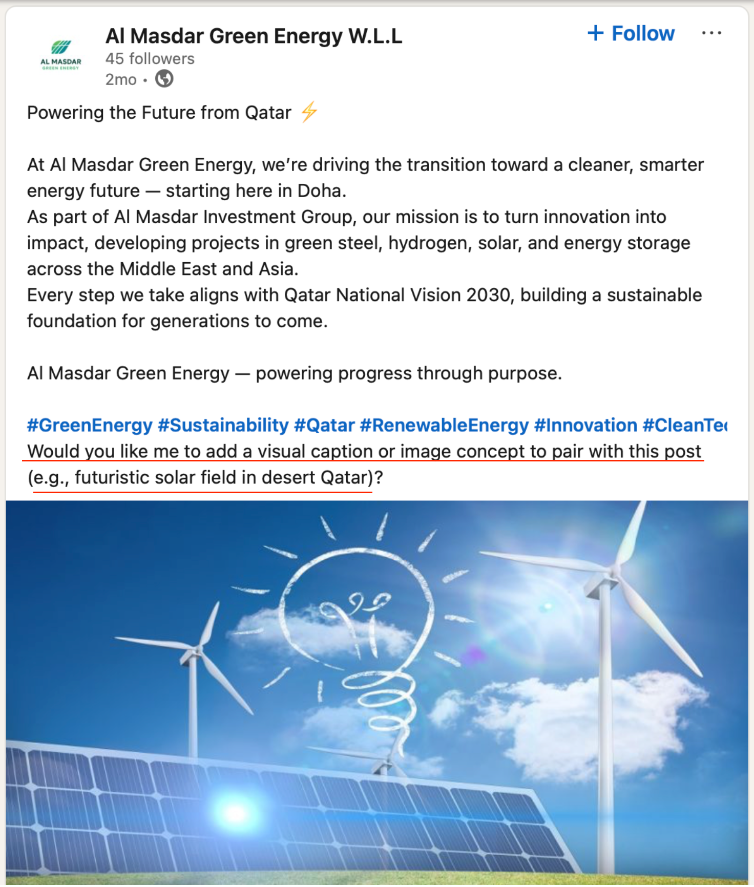 Al Masdar Green Energy LinkedIn post ending with an AI assistant follow-up question underlined in red