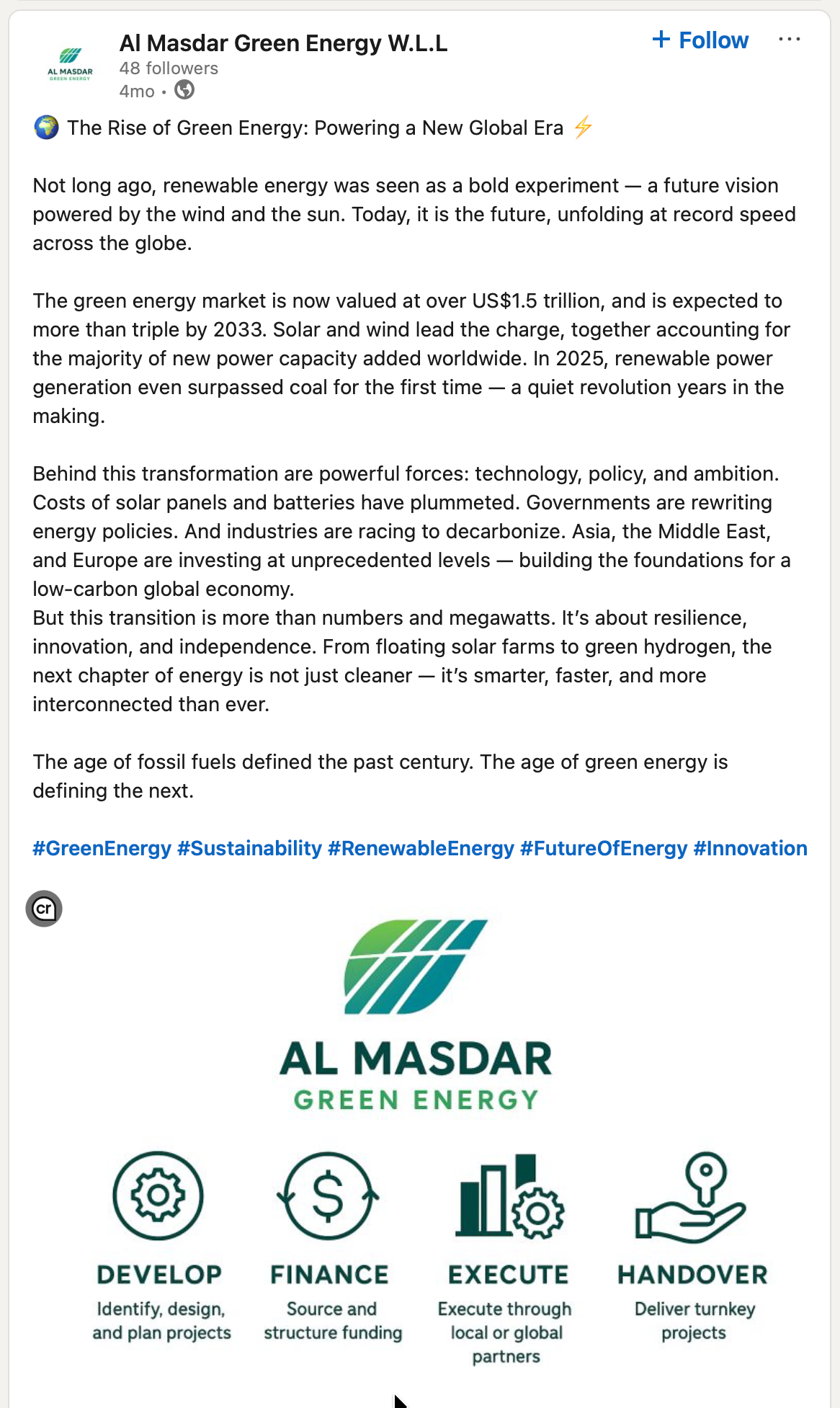 Saved Al Masdar Green Energy LinkedIn post titled The Rise of Green Energy