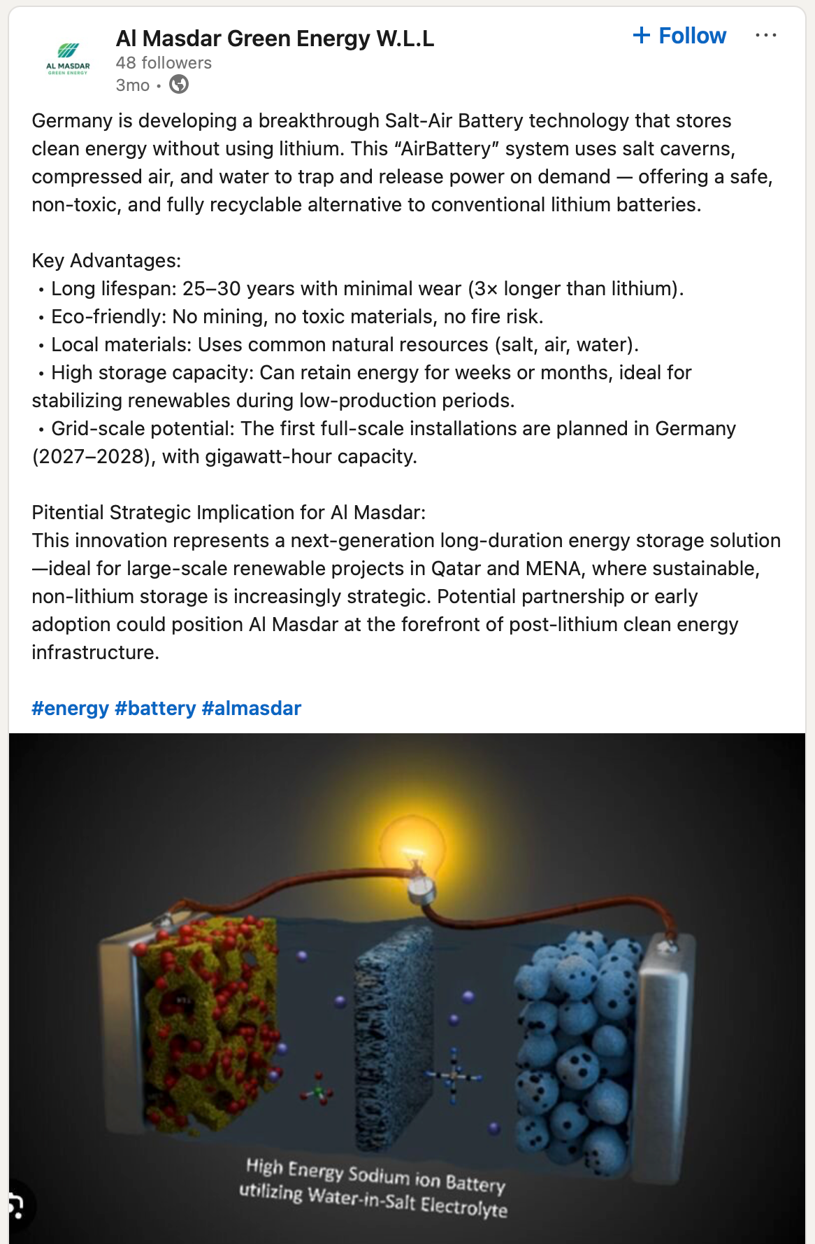 Saved Al Masdar Green Energy LinkedIn post about salt-air battery technology