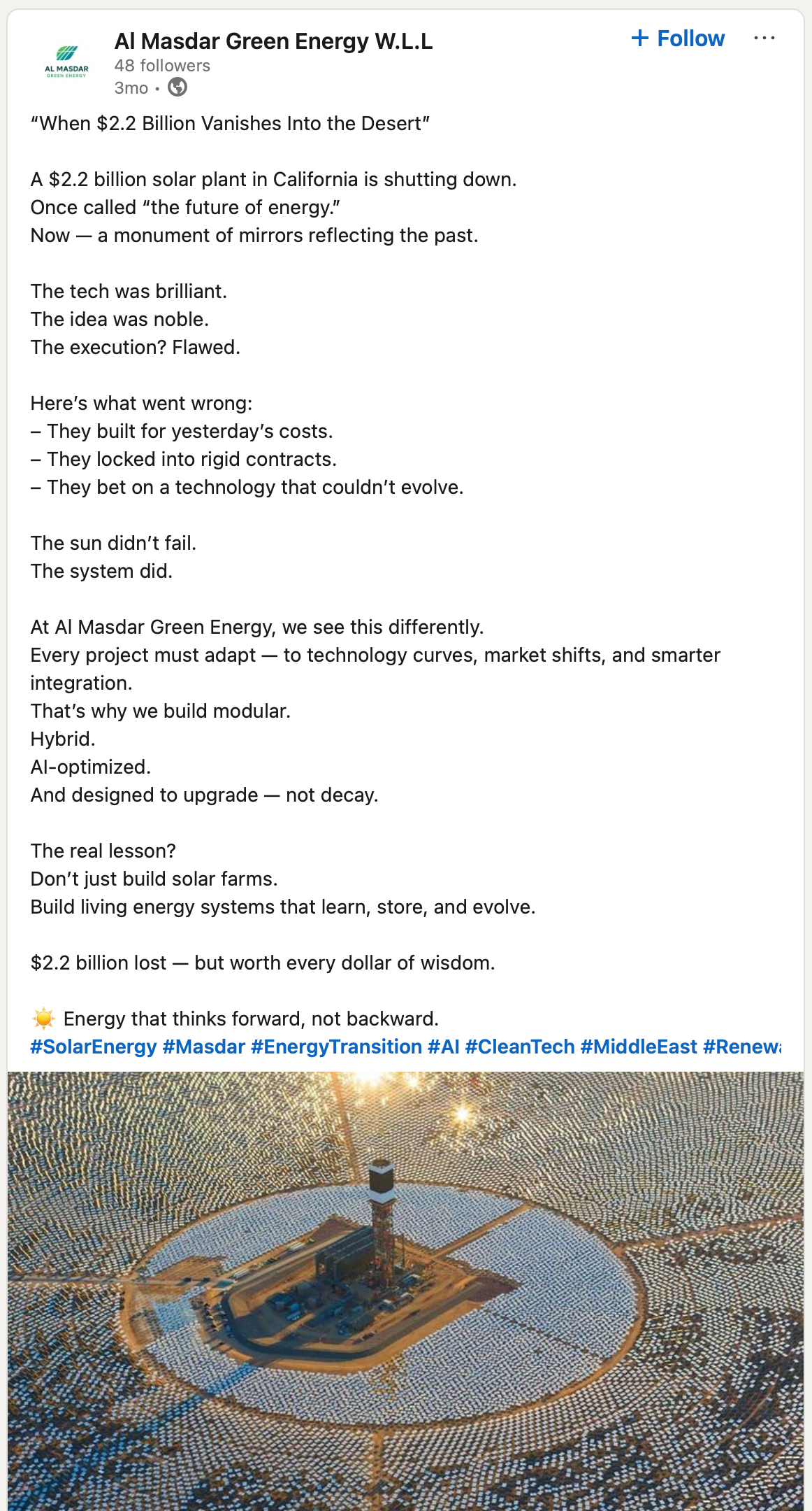 Saved Al Masdar Green Energy LinkedIn post titled When 2.2 Billion Vanishes Into the Desert