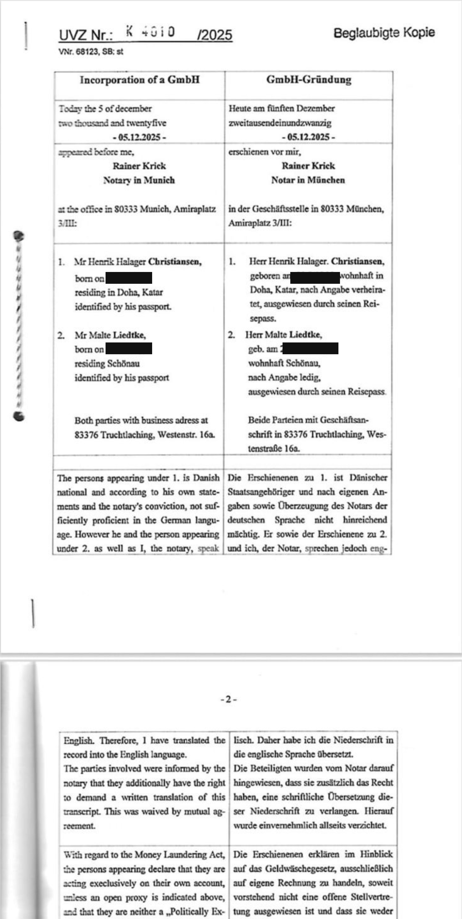 Bilingual German and English notarial incorporation record for Al Masdar Investment GmbH