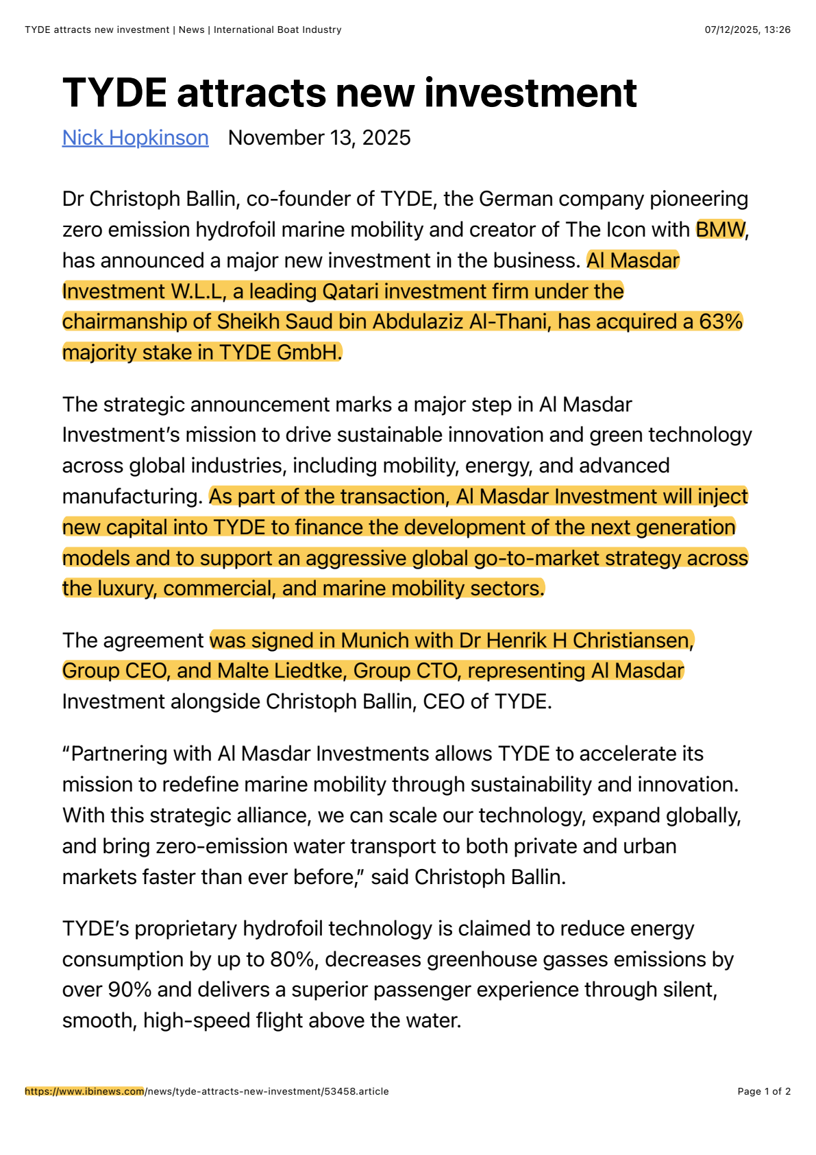 Selected media coverage following the TYDE announcement, page 7