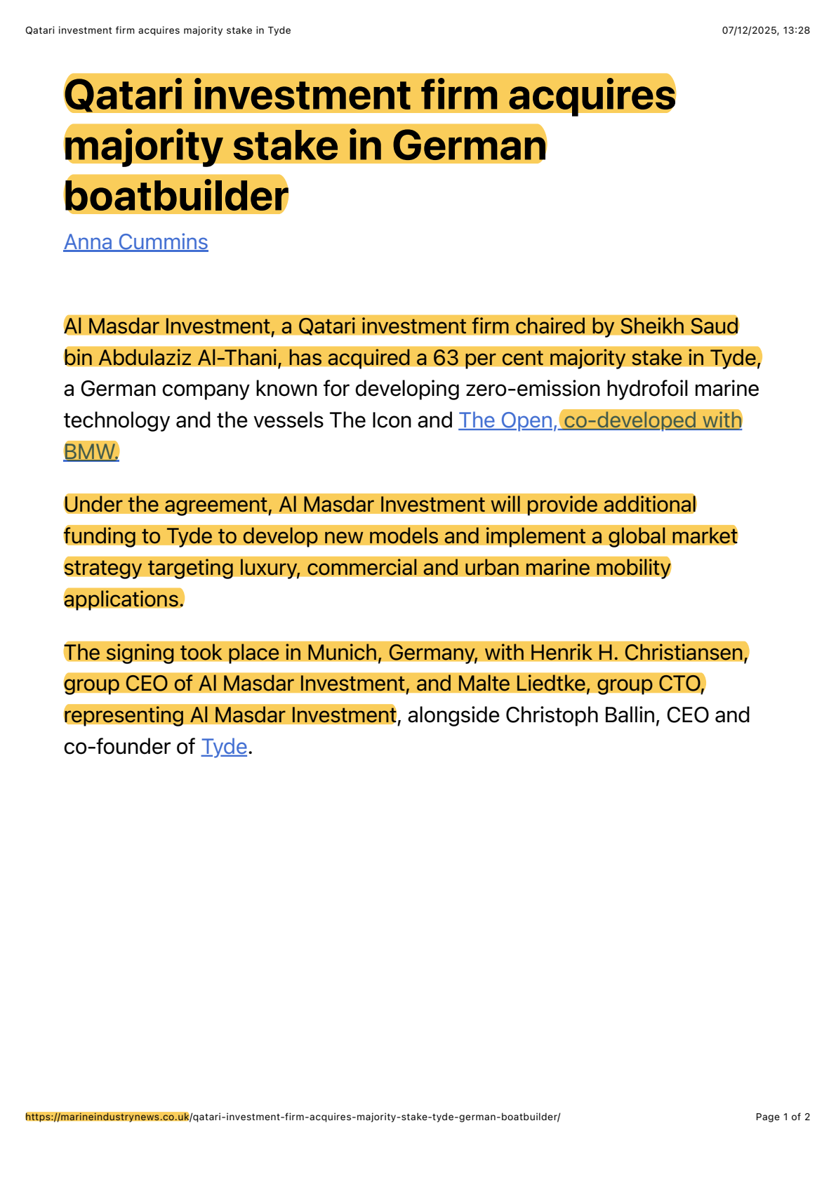 Selected media coverage following the TYDE announcement, page 10