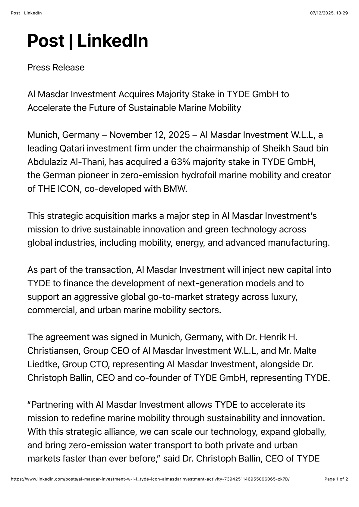 Al Masdar Investment TYDE press release, page 1