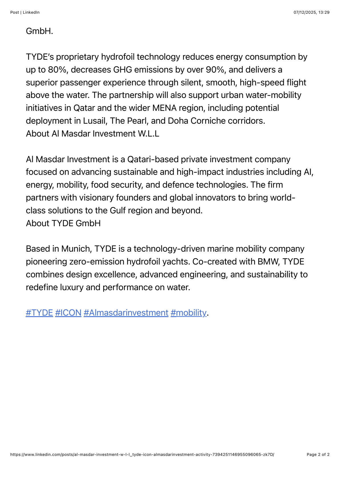 Al Masdar Investment TYDE press release, page 2
