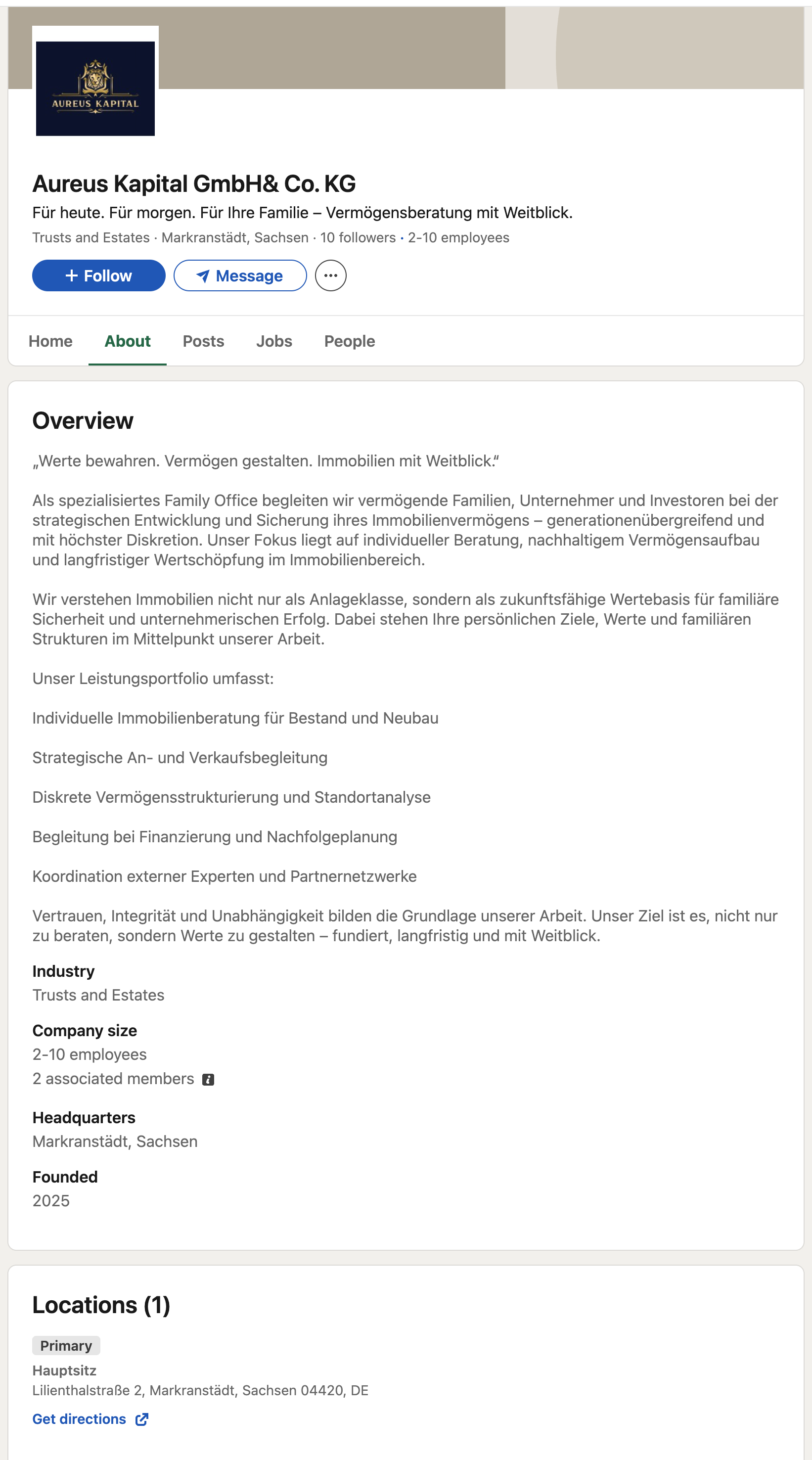 Saved LinkedIn About page for Aureus Kapital GmbH & Co. KG