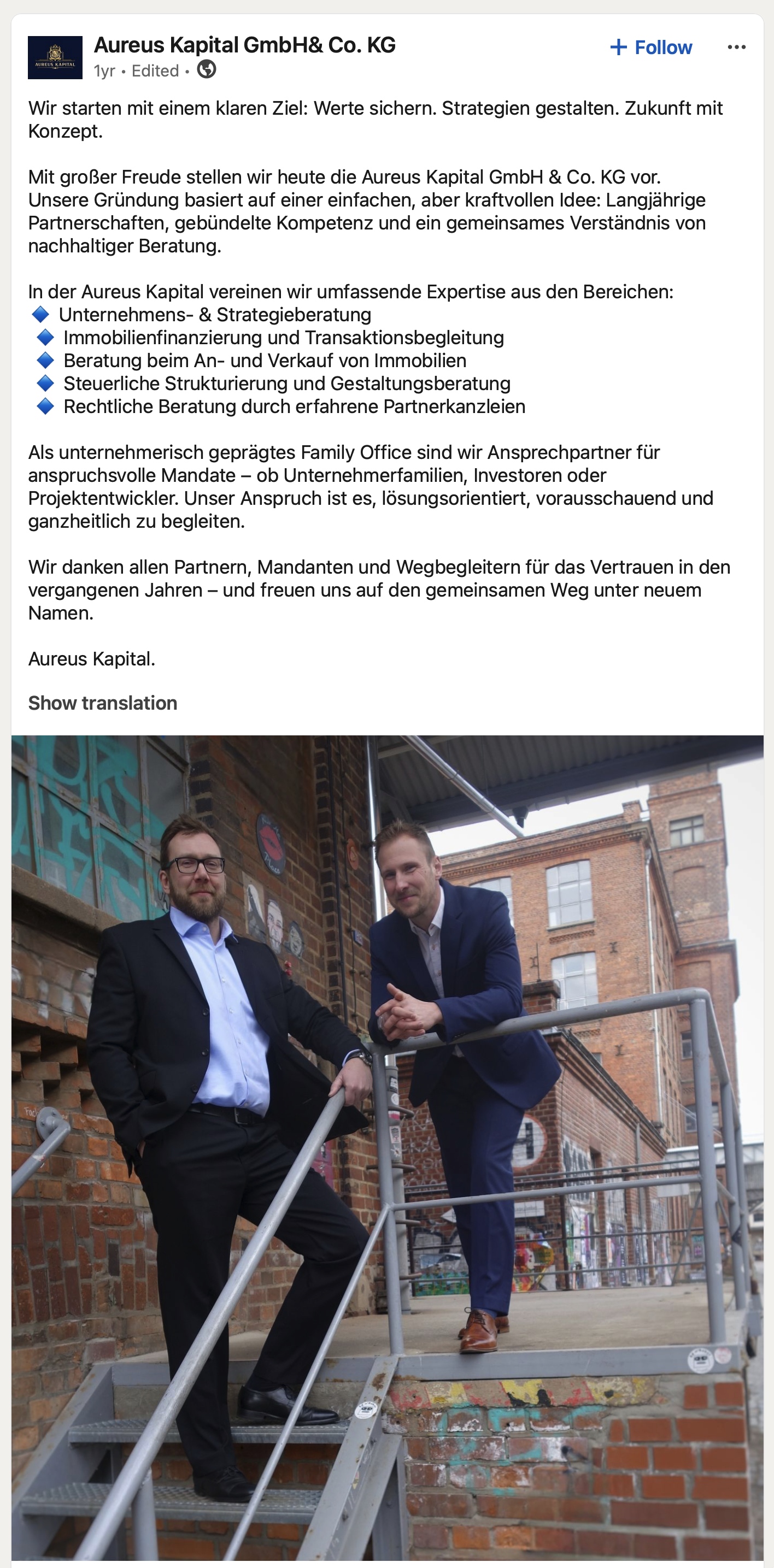 Gespeicherte deutsche LinkedIn-Veröffentlichung zur Vorstellung von Aureus Kapital GmbH & Co. KG und ihren Beratungsleistungen