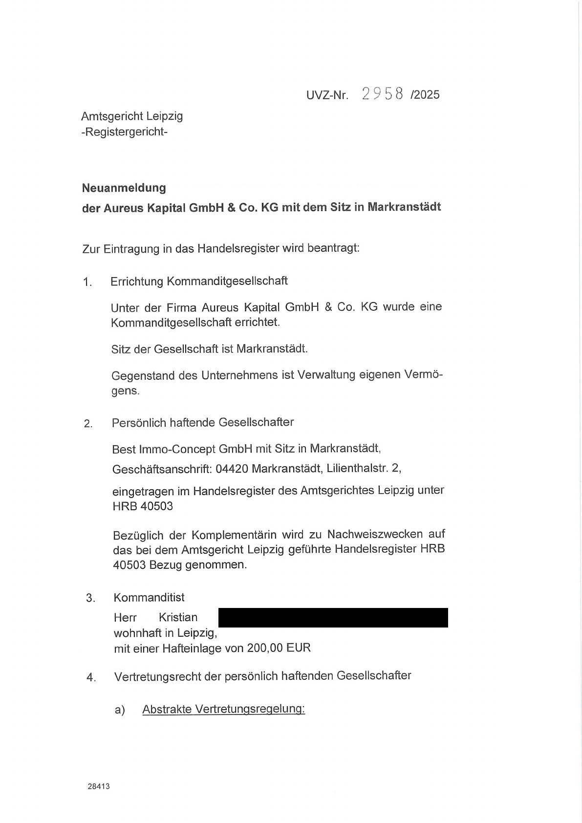 German commercial-register filing for Aureus Kapital GmbH and Co. KG, page 1
