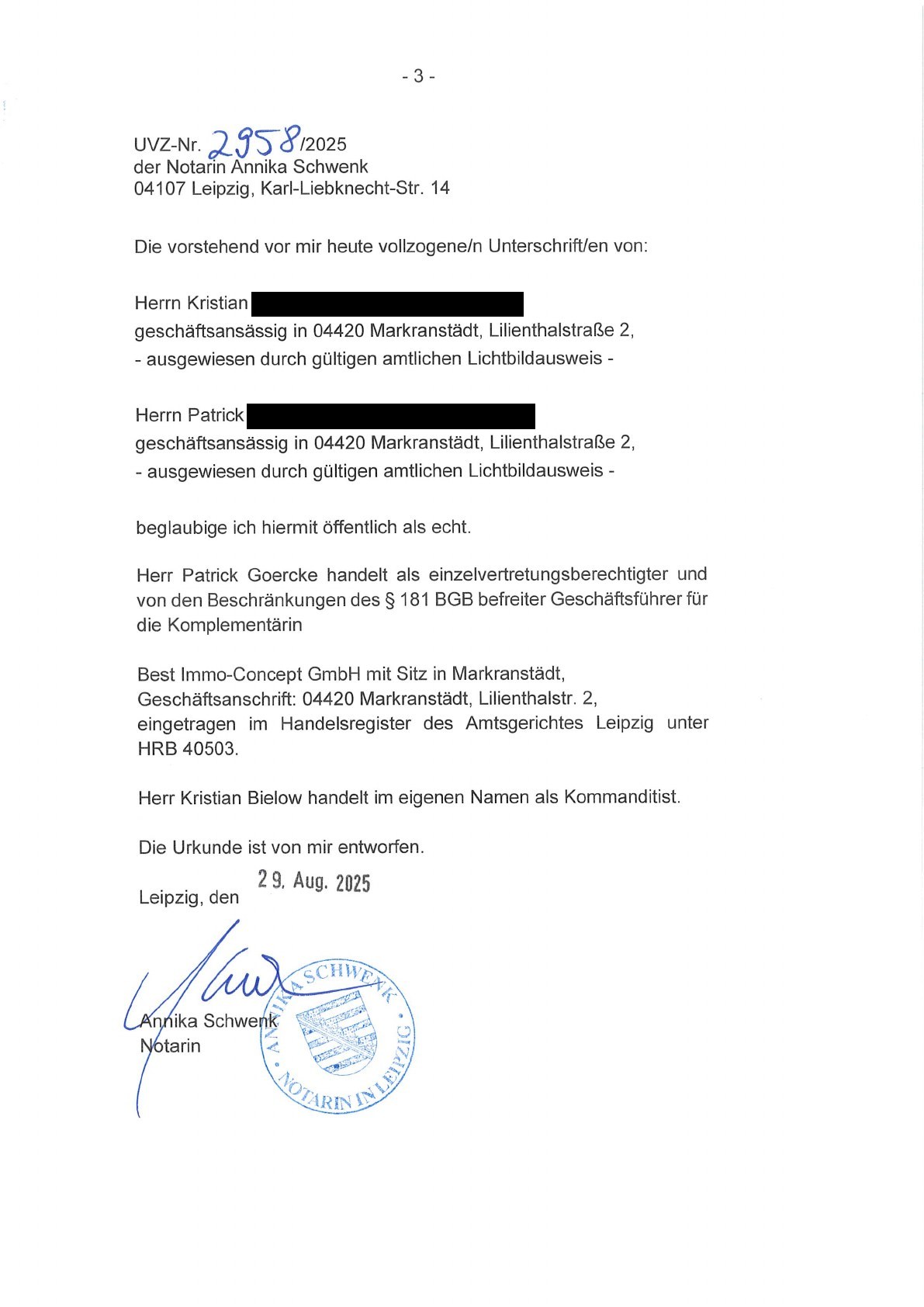 German commercial-register filing for Aureus Kapital GmbH and Co. KG, page 3