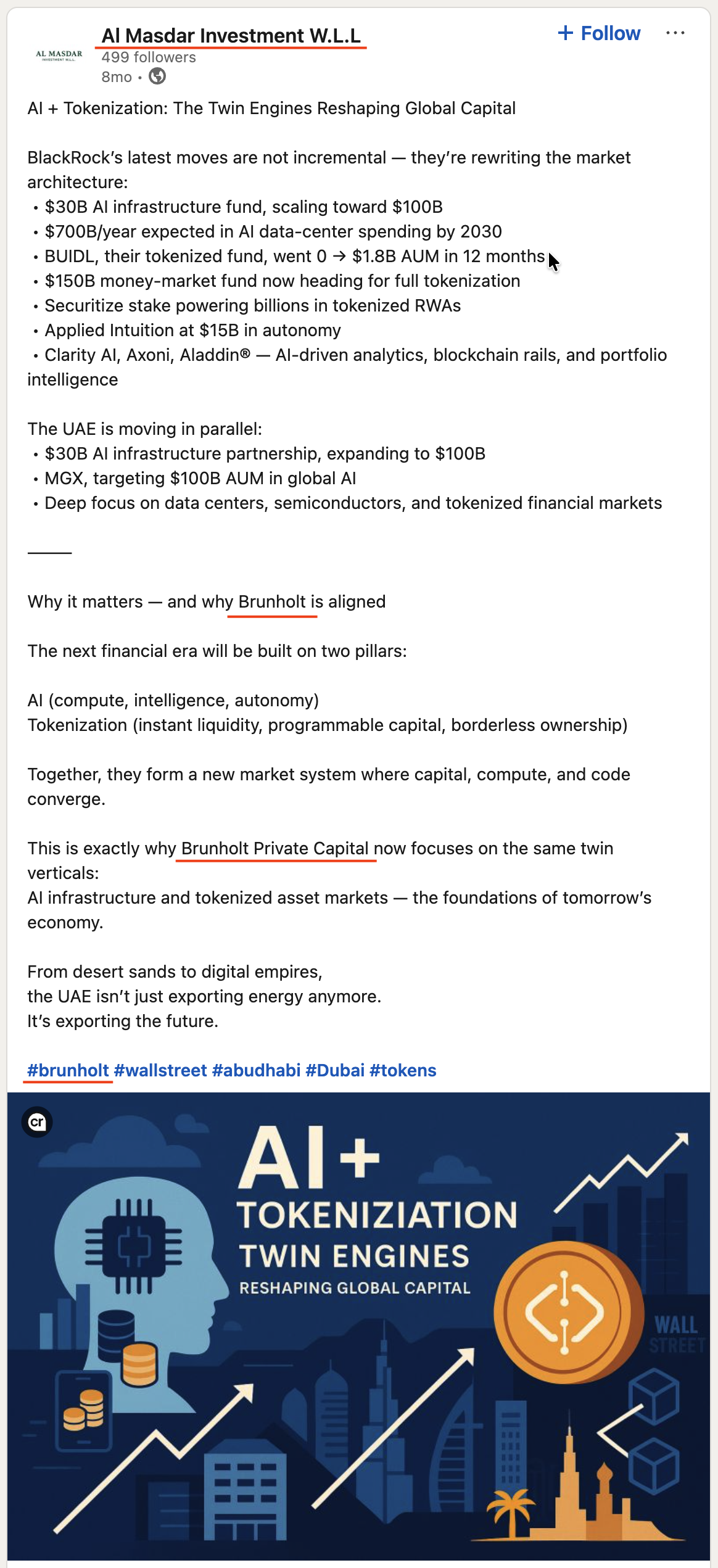 LinkedIn-Beitrag von Al Masdar Investment mit Erwähnung von Brunholt Private Capital