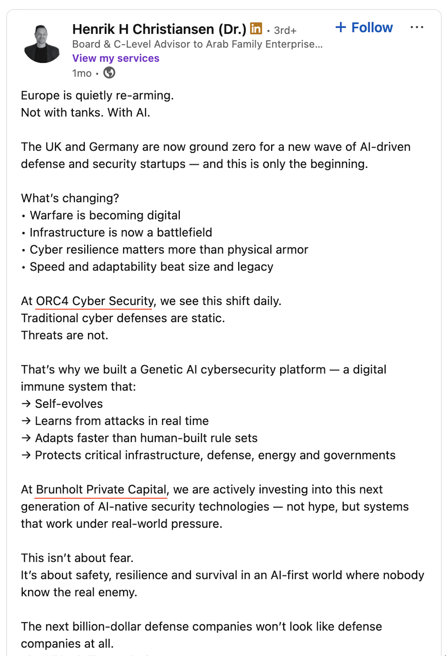 LinkedIn-Beitrag von Henrik H. Christiansen mit Erwähnung von ORC4 und Brunholt Private Capital