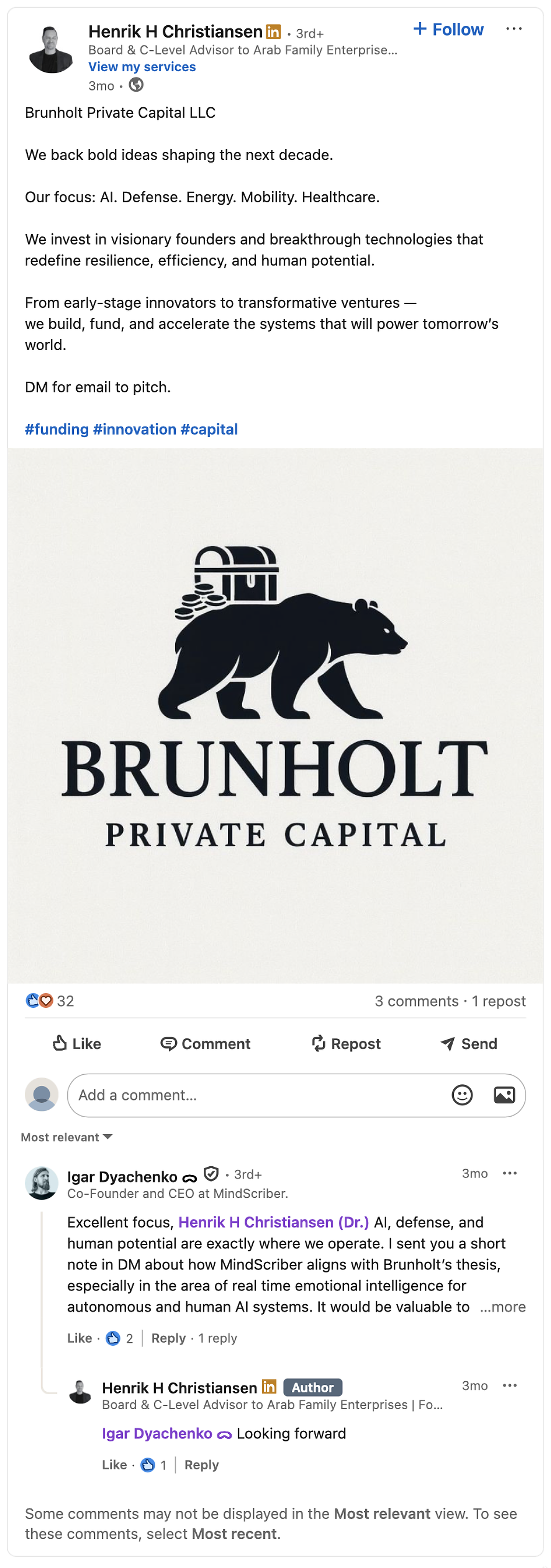 Vollständiger gespeicherter LinkedIn-Beitrag von Henrik H. Christiansen zum Investitionsschwerpunkt von Brunholt Private Capital, gefolgt vom sichtbaren Kommentarverlauf