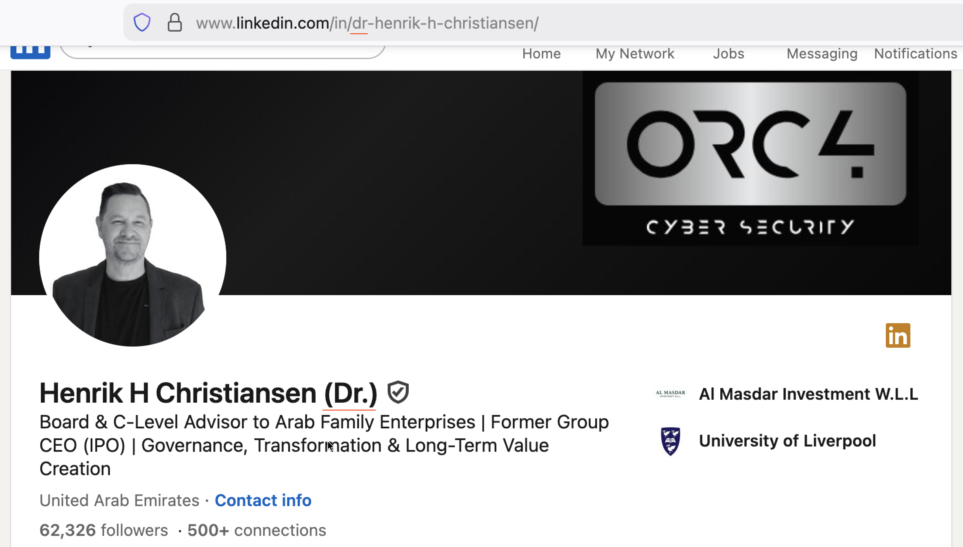 LinkedIn-Profil von Henrik H. Christiansen mit „dr“ in der Profiladresse und „Dr.“ hinter dem Namen Henrik H Christiansen