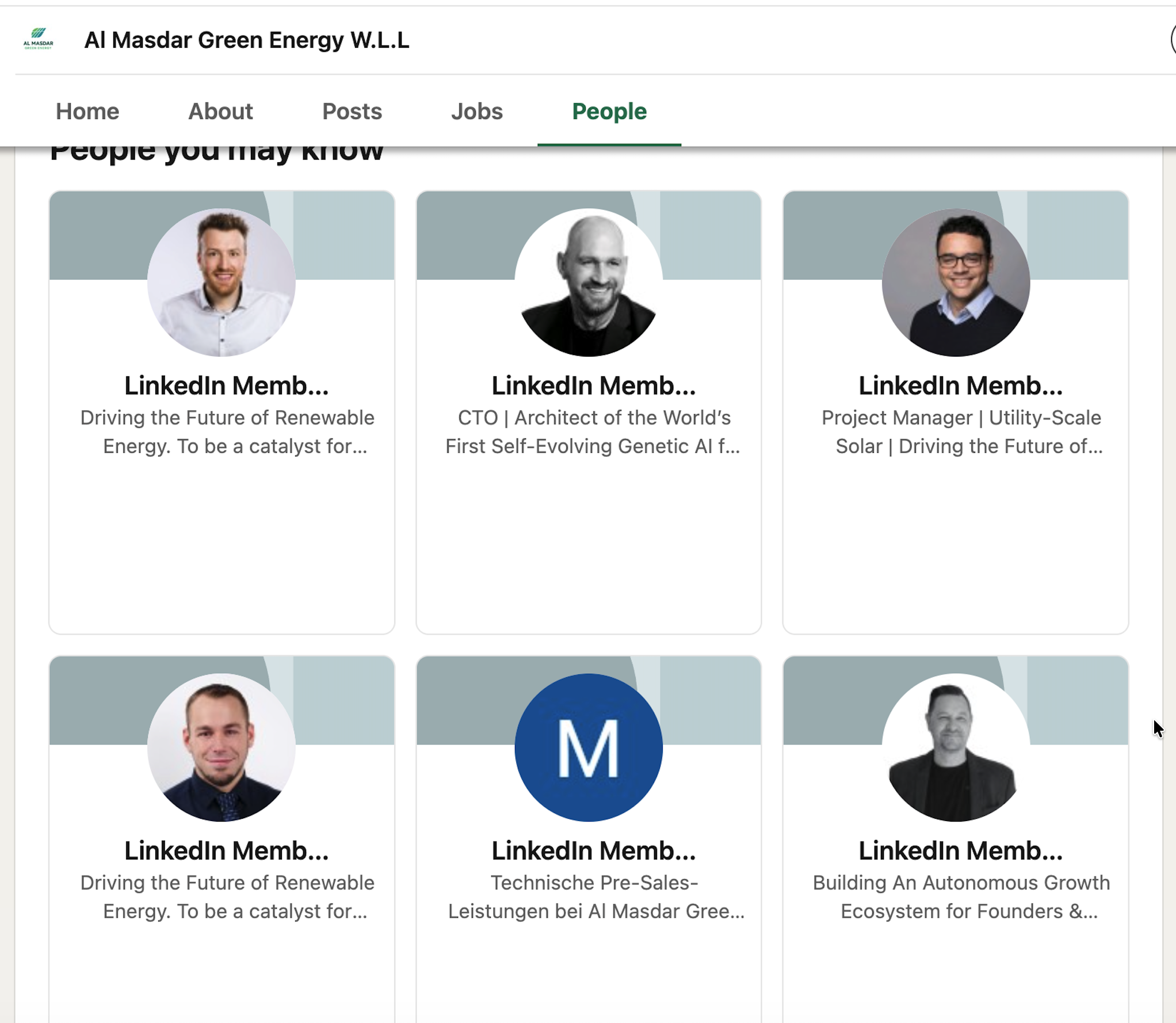 Saved Al Masdar Green Energy LinkedIn People view showing six associated people