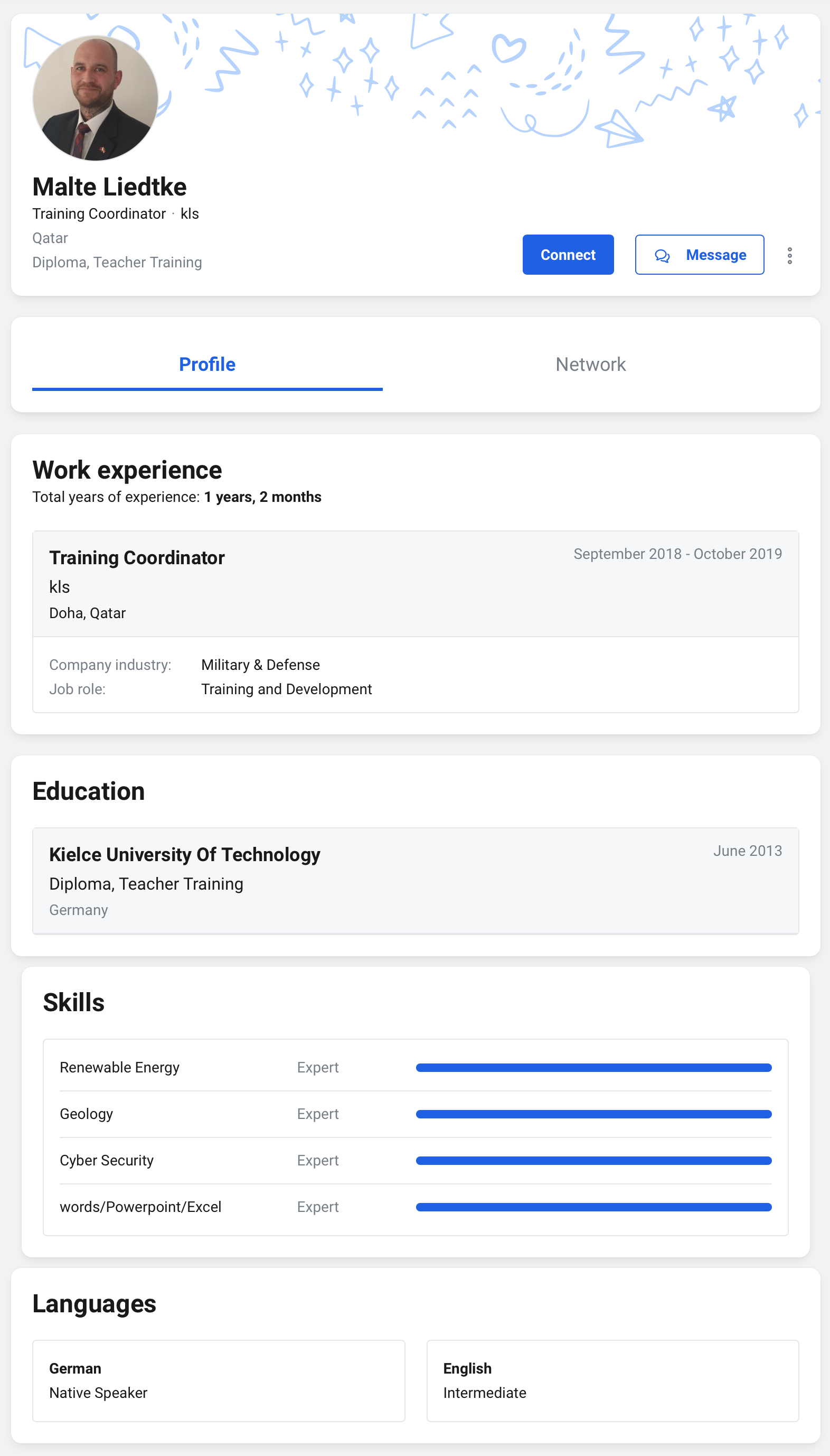 Saved Bayt profile for Malte Liedtke showing a training coordinator role, education, skills and languages