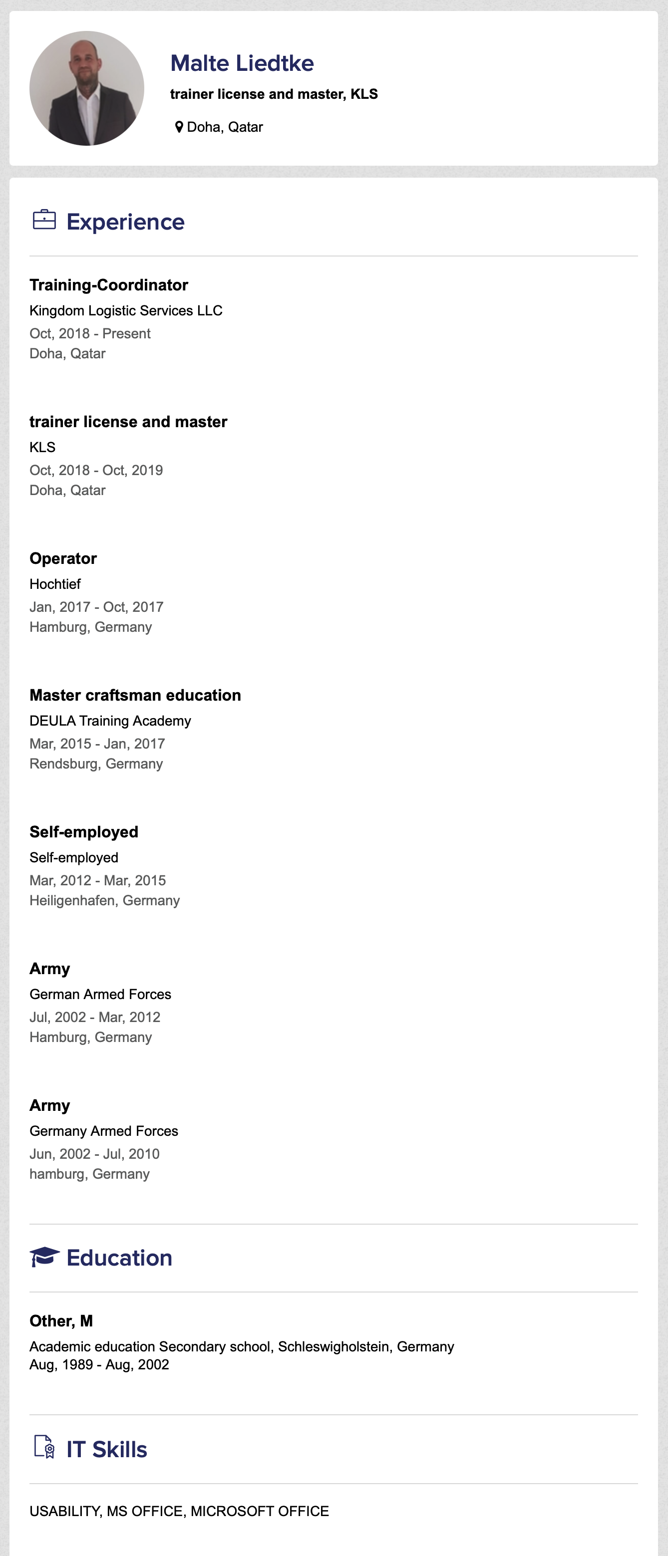 Saved GulfTalent profile for Malte Liedtke showing work experience from the German Armed Forces to KLS and a secondary-school education entry