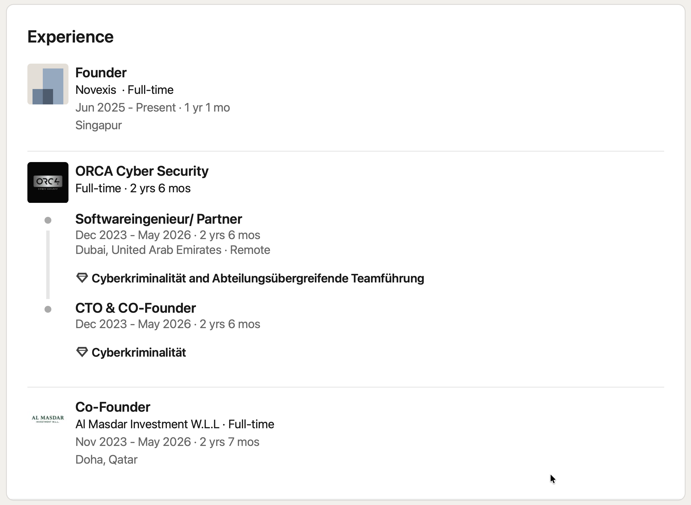 Malte Liedtke LinkedIn Experience section showing Novexis and end dates for ORCA Cyber Security and Al Masdar Investment