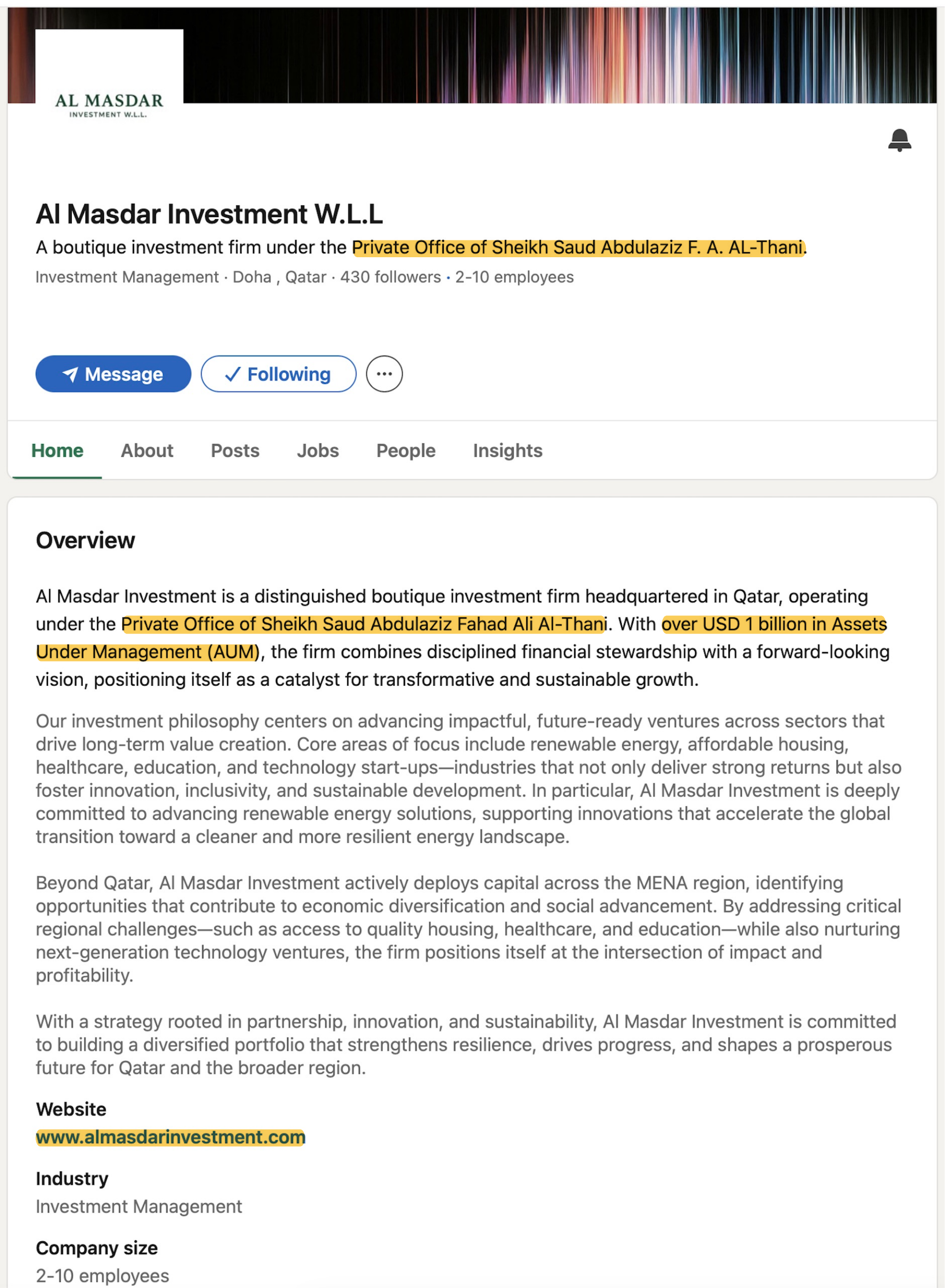 Al Masdar Investment LinkedIn page on 15 December 2025 naming the Private Office of Sheikh Saud Abdulaziz F. A. Al-Thani in the company tagline and overview