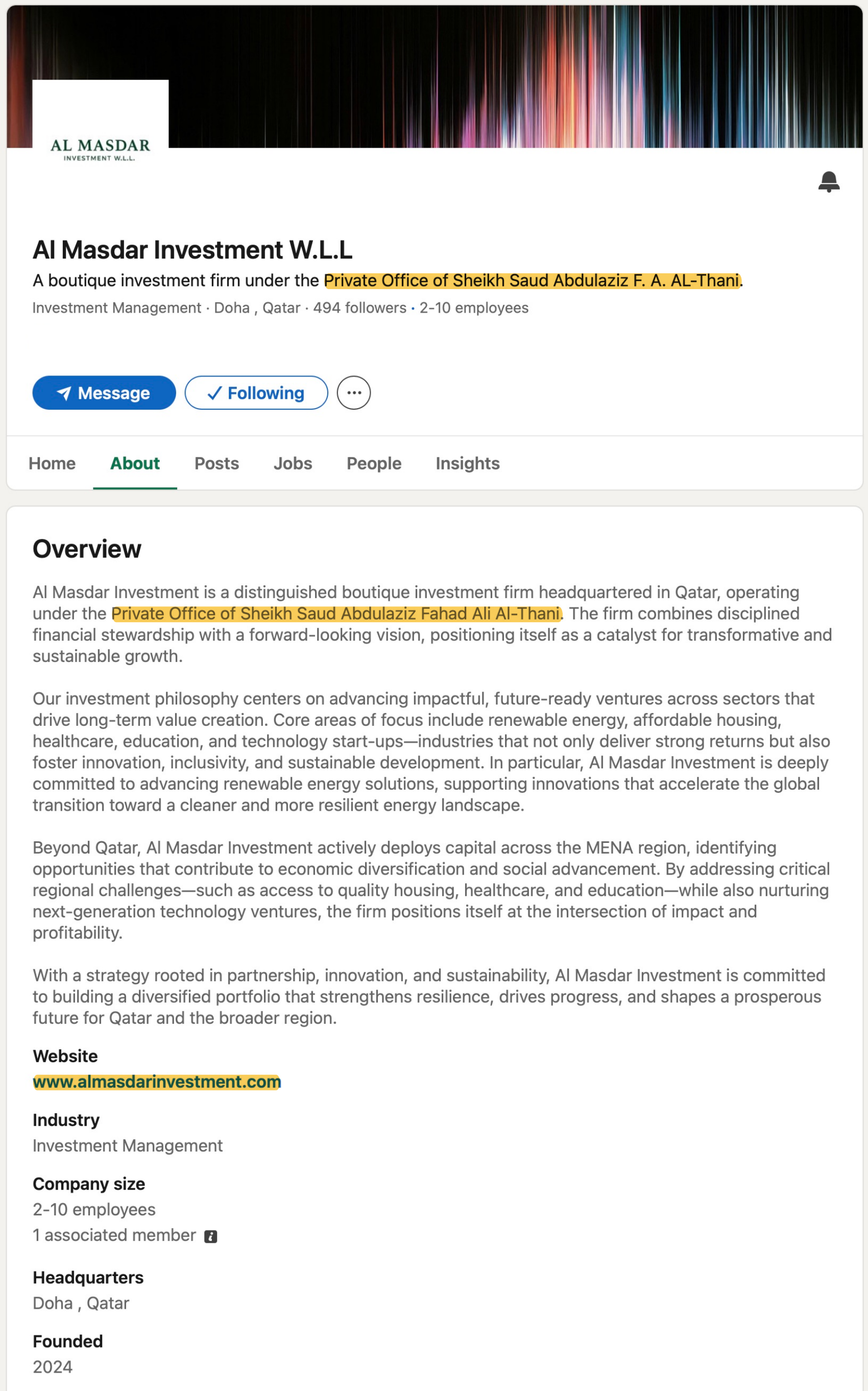 Al Masdar Investment LinkedIn page on 15 June 2026 naming the Private Office of Sheikh Saud Abdulaziz F. A. Al-Thani in the company tagline and overview