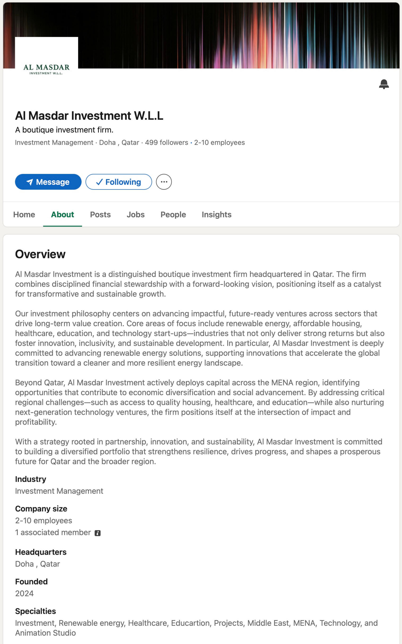 Al Masdar Investment LinkedIn page on 15 August 2026 with no reference to Sheikh Saud Abdulaziz F. A. Al-Thani in the company tagline or overview