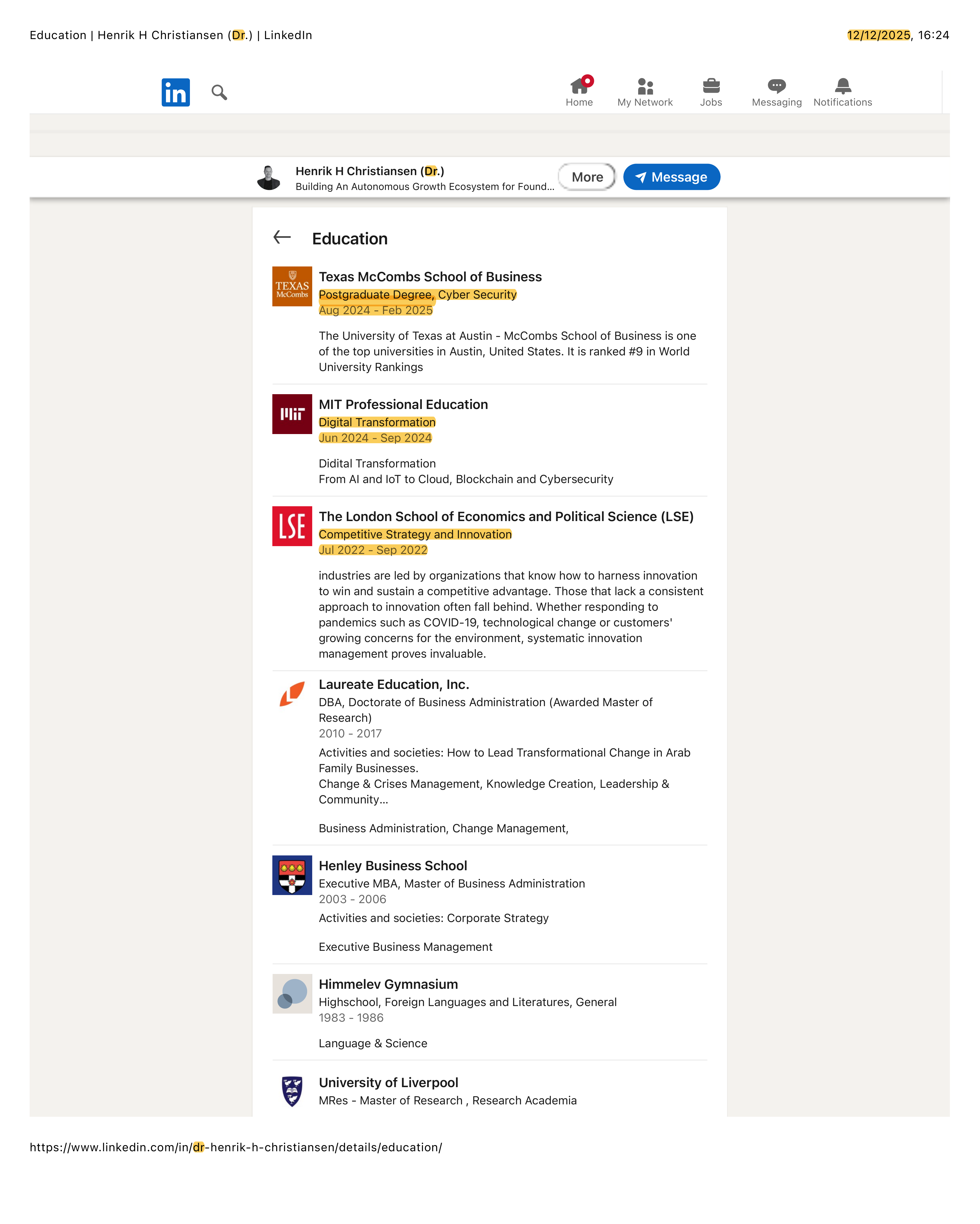 Henrik H Christiansen LinkedIn Education section on 12 December 2025, including Texas McCombs, MIT Professional Education and LSE entries