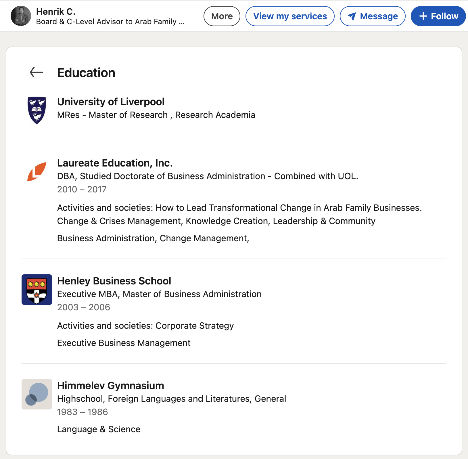 Henrik Christiansen LinkedIn Education section on 22 August 2026 without the earlier Texas McCombs, MIT Professional Education and LSE entries