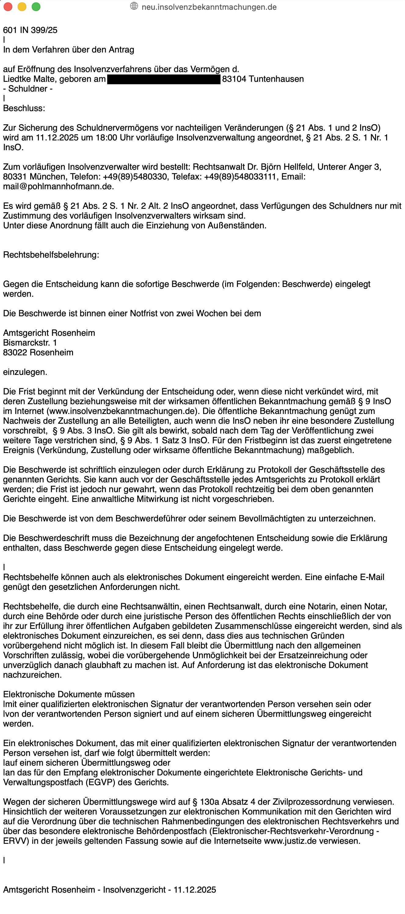 Insolvency court notice dated 11 December 2025 concerning preliminary insolvency administration, with private details redacted