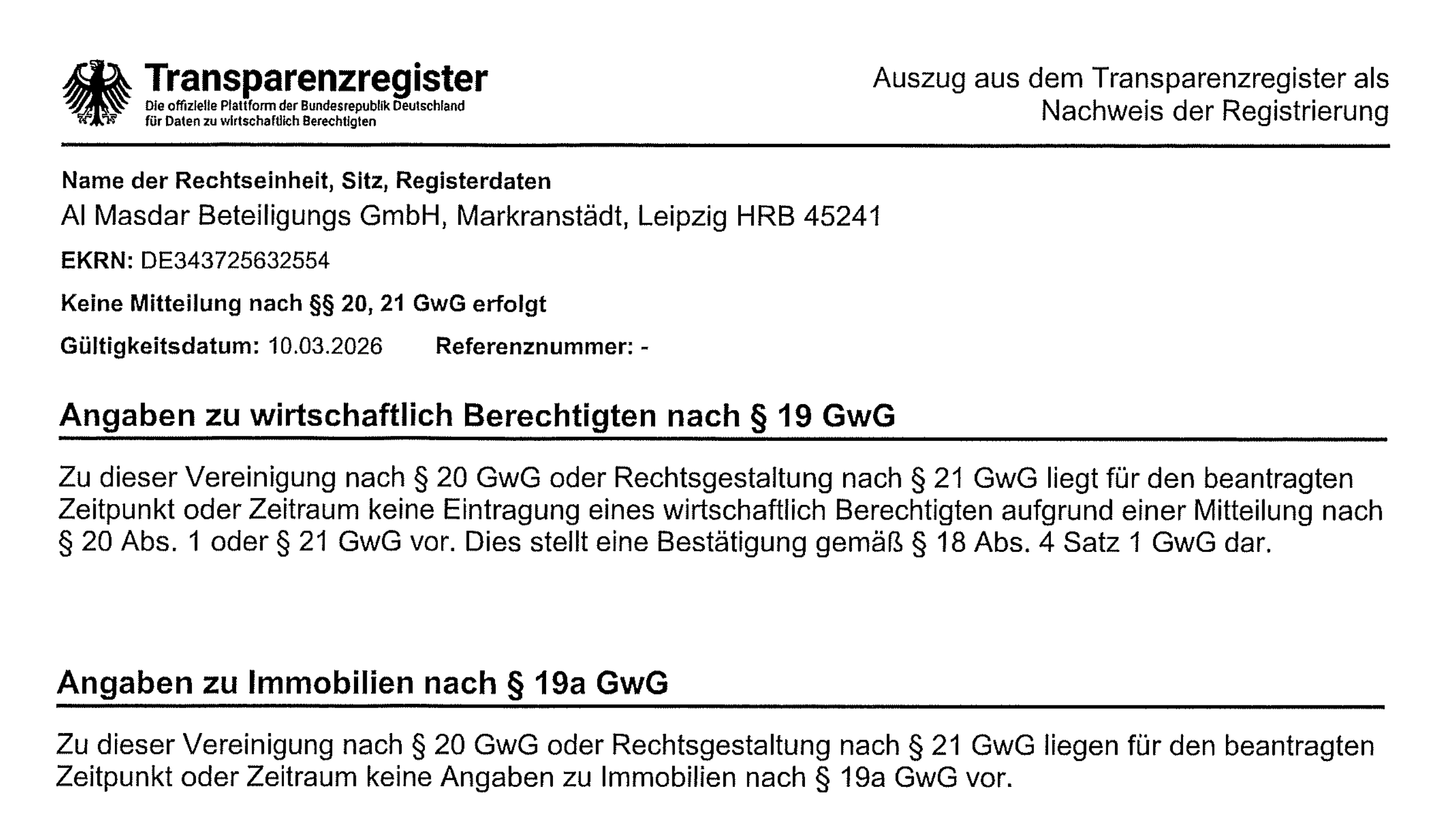 Transparency Register extract for Al Masdar Beteiligungs GmbH dated 10 March 2026, showing no beneficial-owner notification