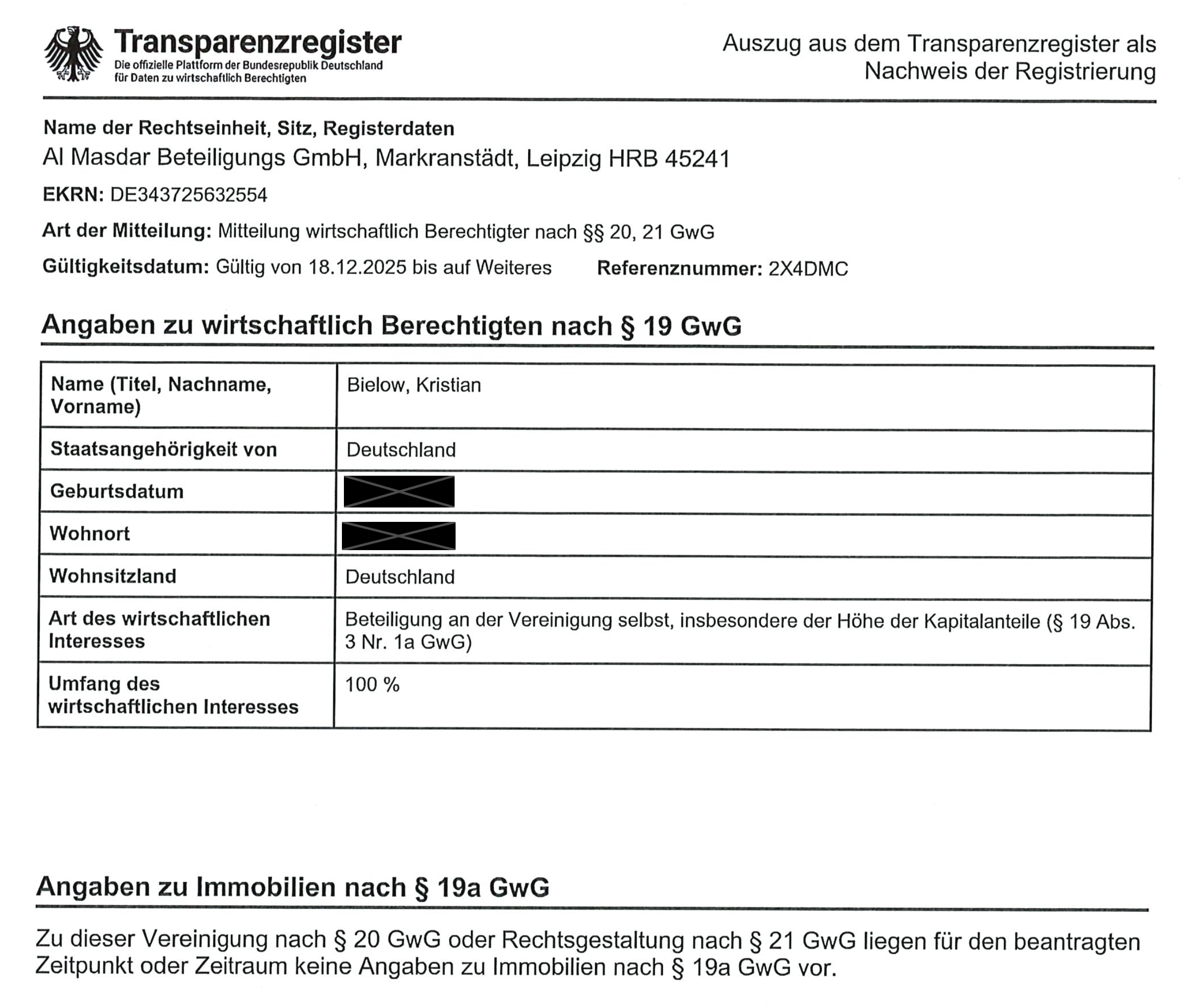 Transparency Register extract for Al Masdar Beteiligungs GmbH identifying Kristian Bielow and a 100 percent beneficial interest