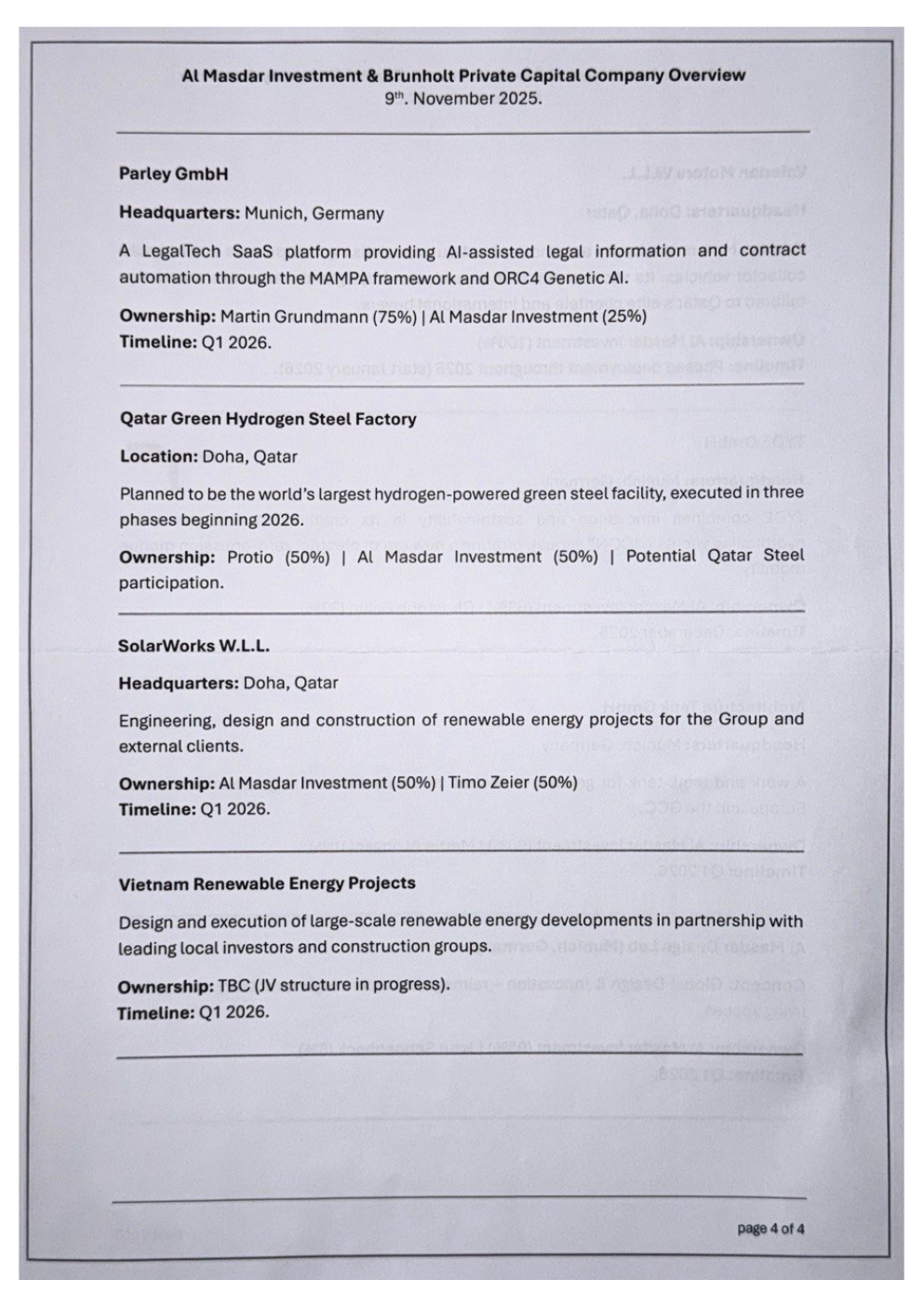 Unternehmensübersicht von Al Masdar Investment und Brunholt Private Capital, Seite 4