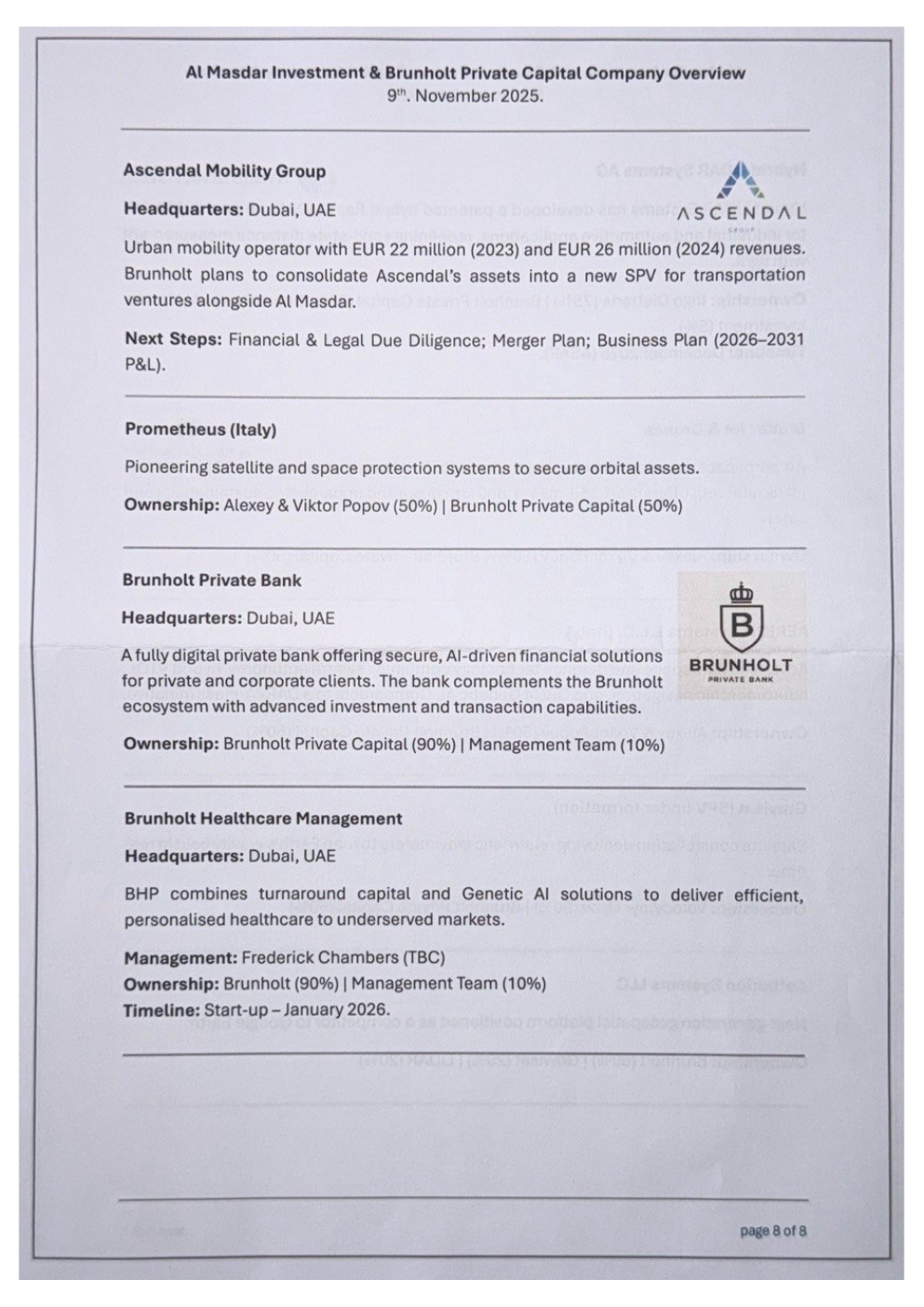 Unternehmensübersicht von Al Masdar Investment und Brunholt Private Capital, Seite 8
