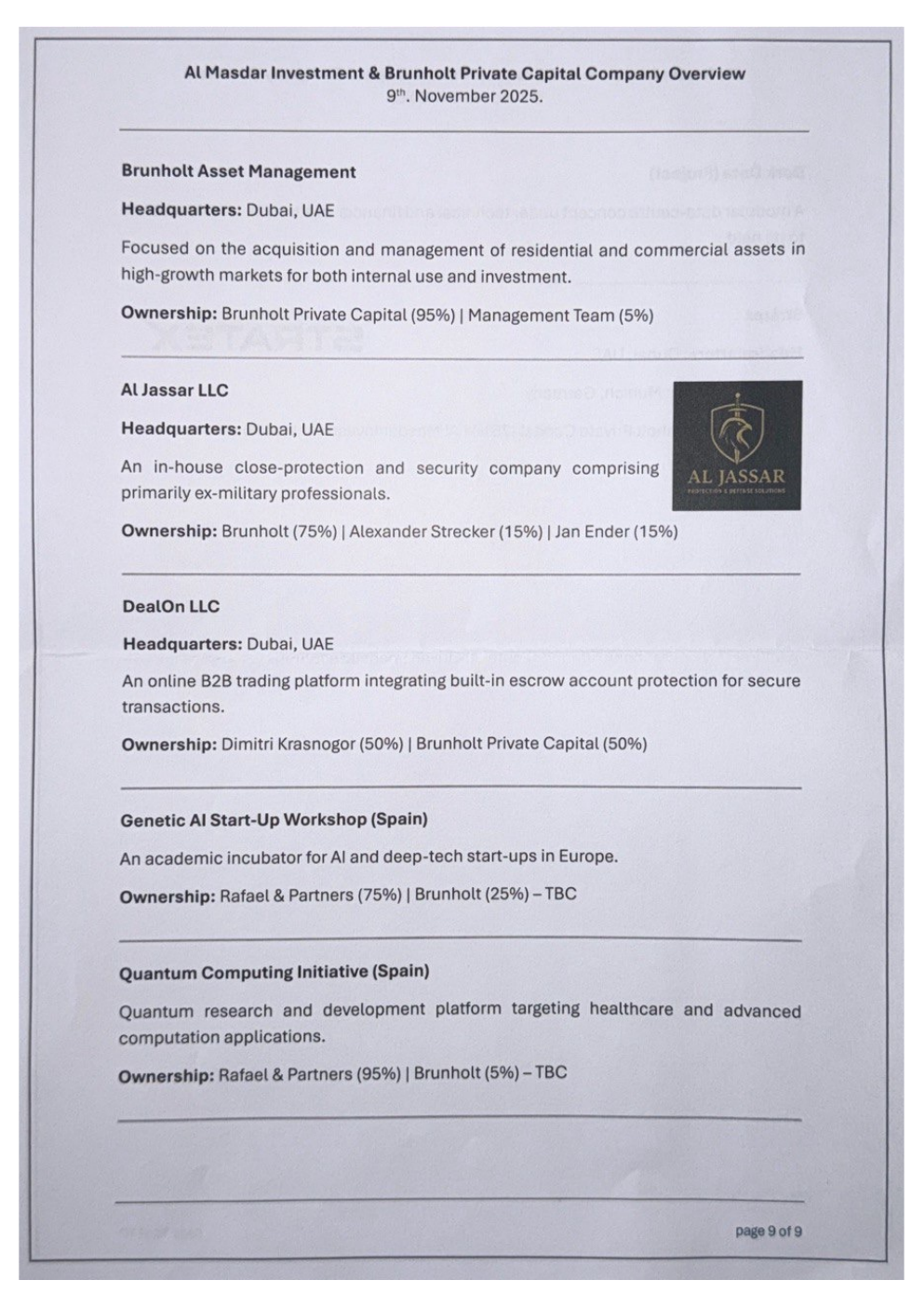 Town Hall booklet page describing Al Jassar LLC and naming Jan Ender with a 15% holding