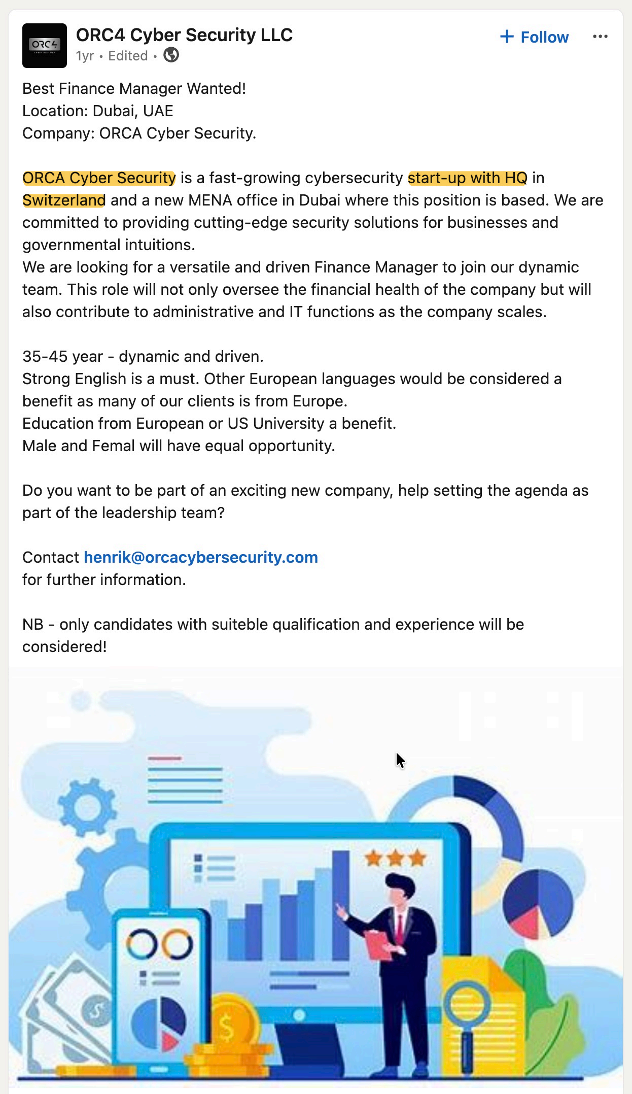 2024年8月29日的 LinkedIn 招聘帖文，稱 ORCA 總部位於瑞士，並在杜拜設有新的中東北非辦事處