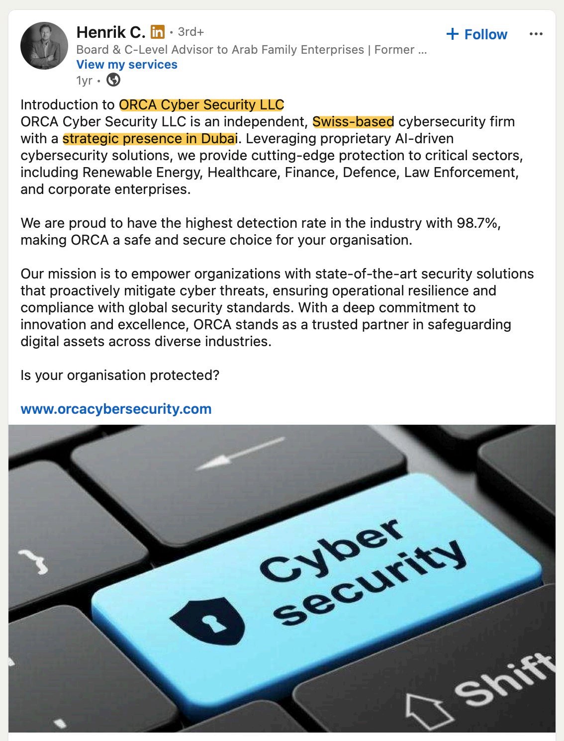 Henrik Christiansen 於2025年1月20日發布的 LinkedIn 帖文，將 ORCA 形容為一家以瑞士為基地的獨立網絡保安公司