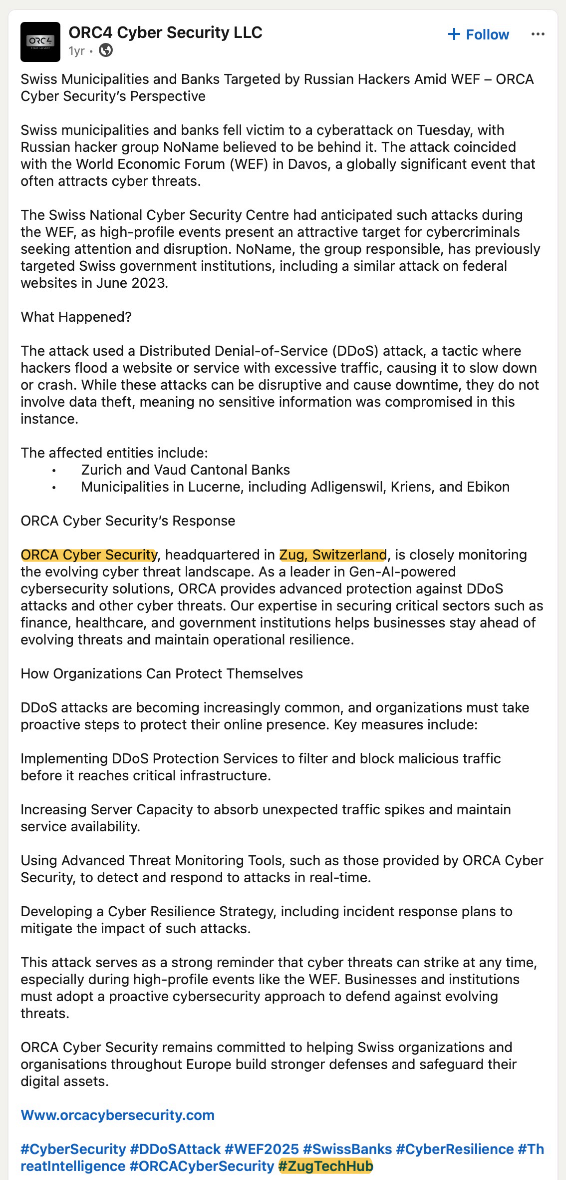 ORCA 於2025年1月22日發布的 LinkedIn 帖文，稱 ORCA Cyber Security 總部位於瑞士楚格