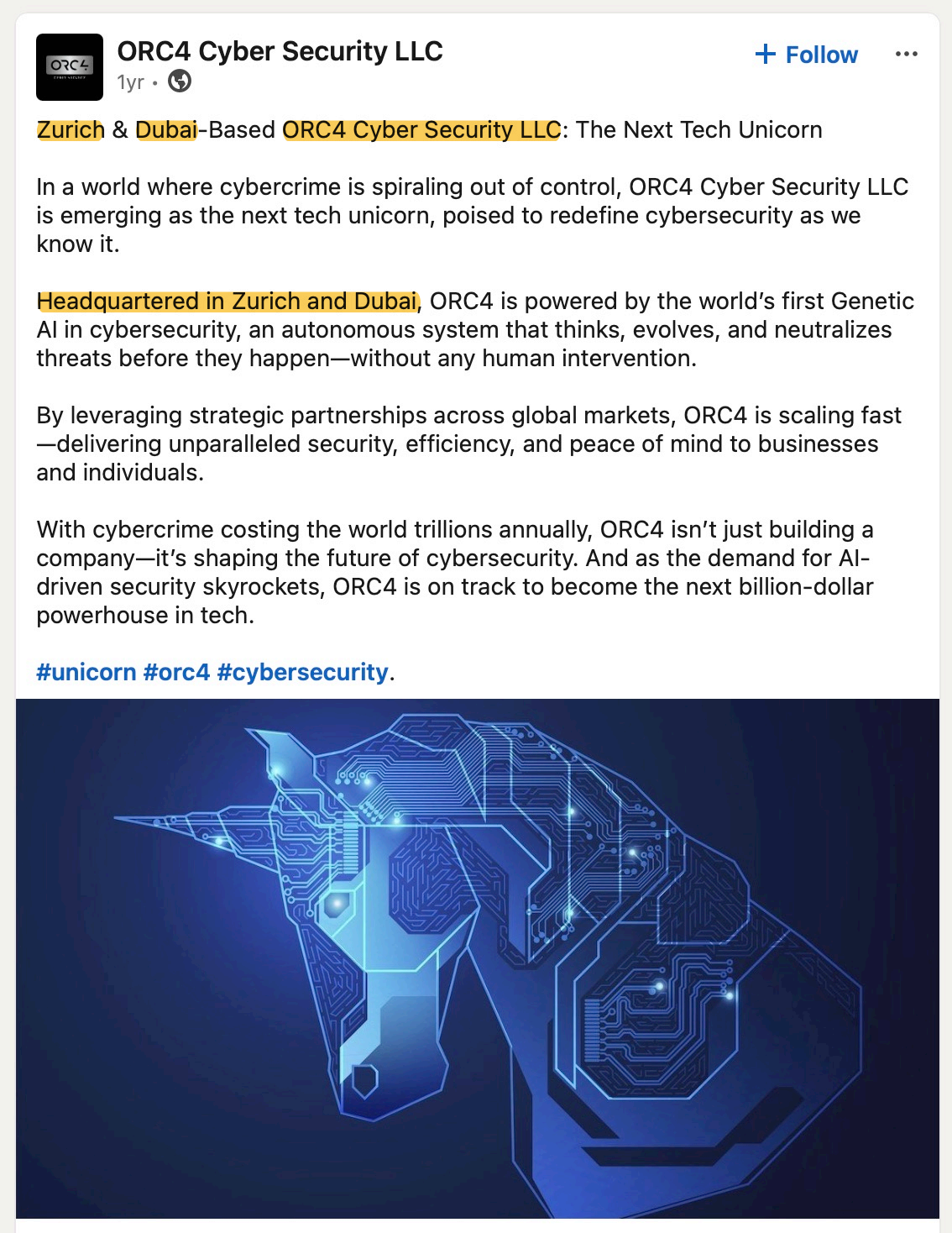 ORC4 於2025年3月22日發布的 LinkedIn 帖文，稱其總部位於蘇黎世及杜拜