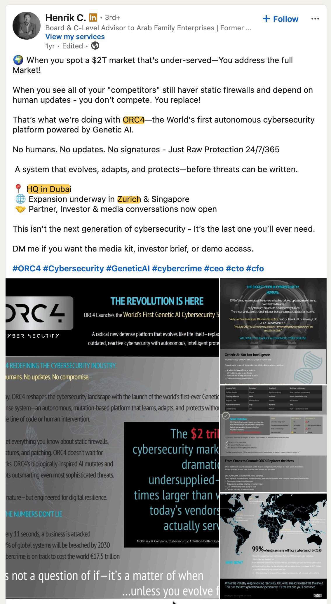 Henrik Christiansen 於2025年4月2日發布的 LinkedIn 帖文，稱 ORC4 總部位於杜拜，並正向蘇黎世及新加坡擴展