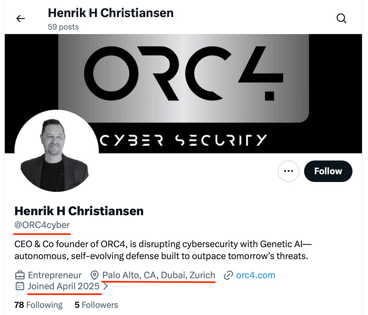 2025年4月6日保存並加註的 Henrik H Christiansen 的 ORC4cyber Twitter／X 個人資料，列出加利福尼亞州帕洛阿爾托、杜拜及蘇黎世